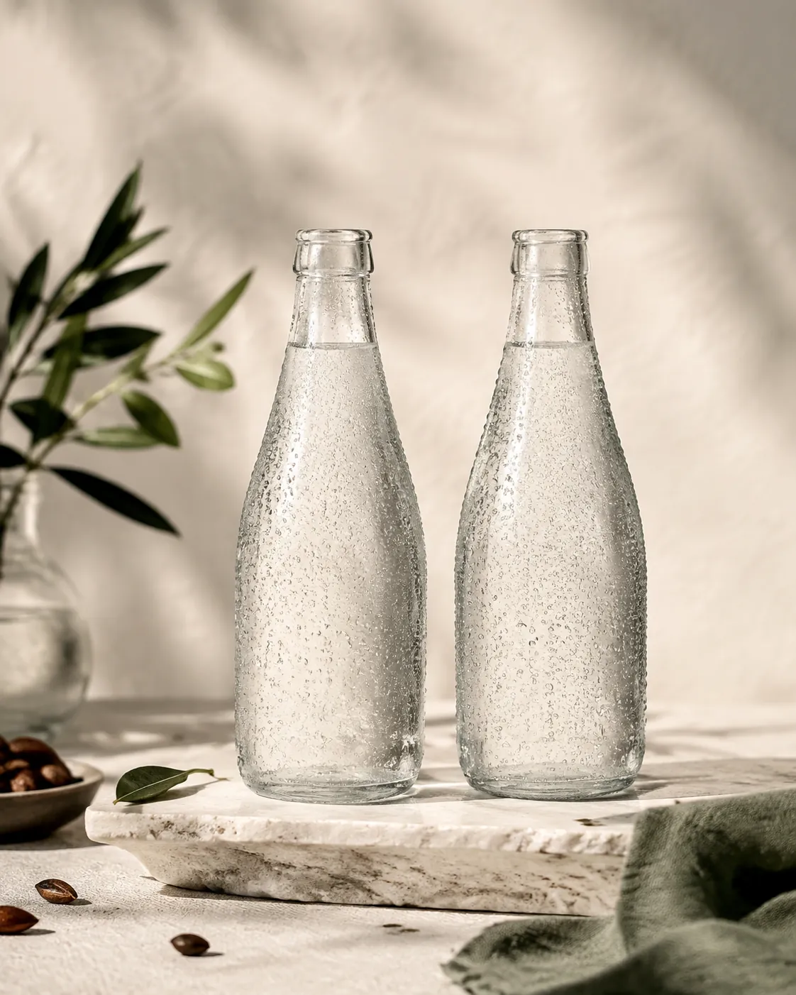 Two plain unlabelled clear bottles of colourless carbonated water standing side by side on a pale stone slab, both beaded with condensation