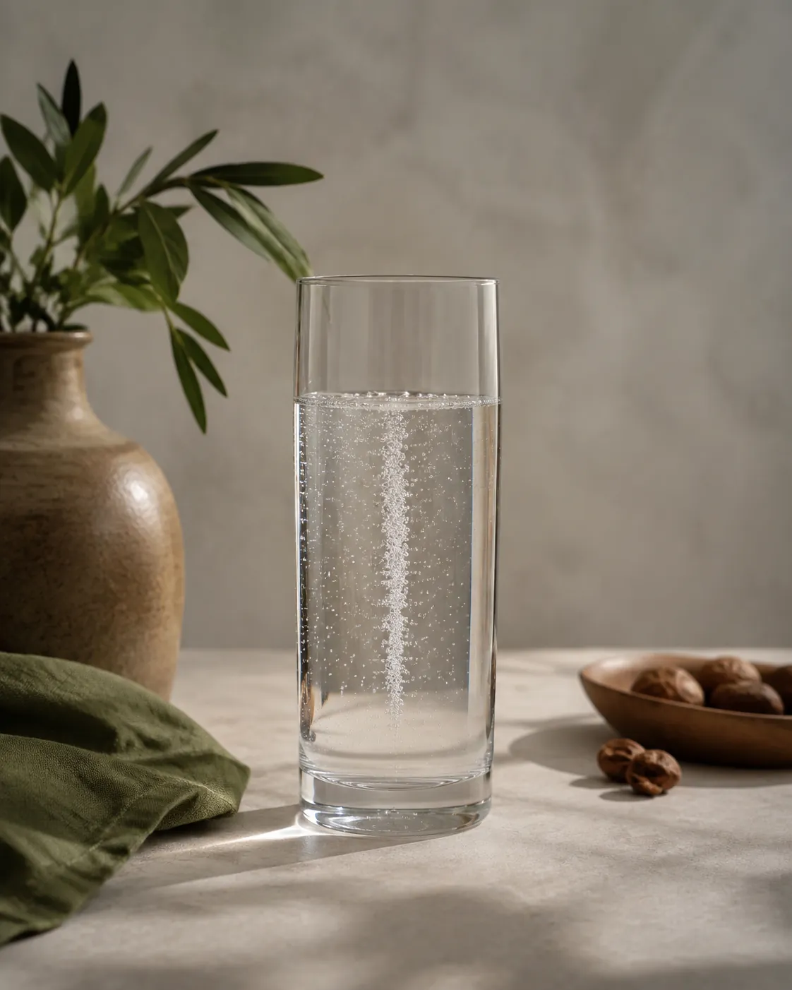 A plain tall glass of clear seltzer backlit, showing a fine column of rising bubbles