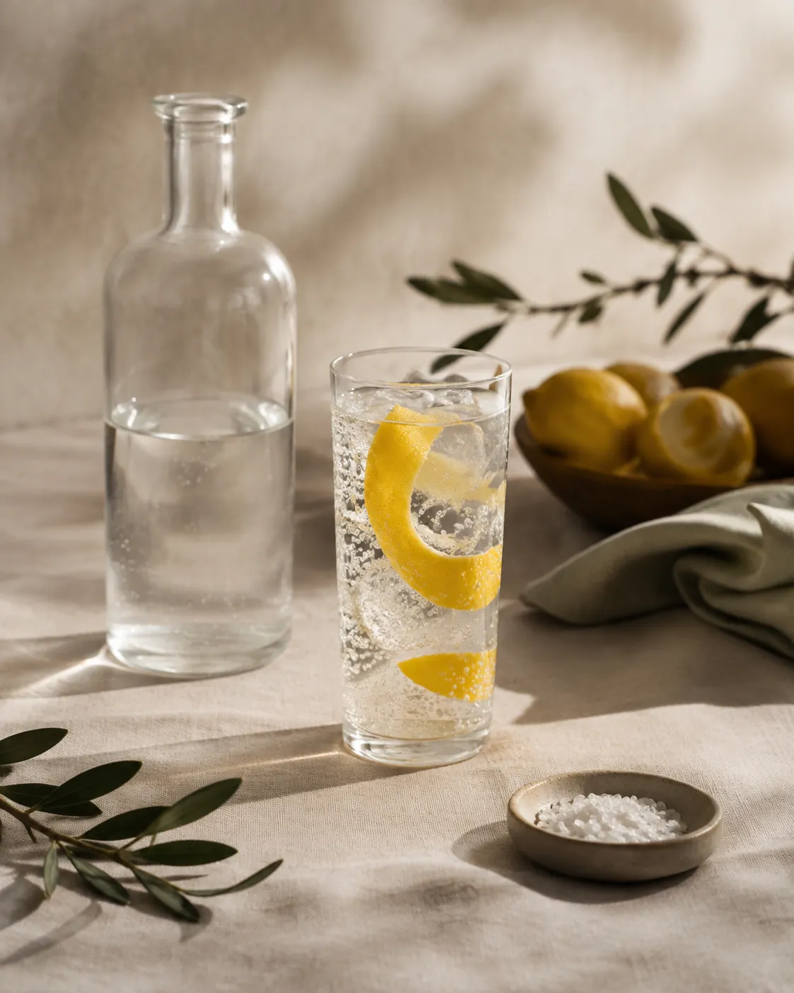 A plain bottle, a tall glass of clear carbonated drink with a wide curl of lemon peel and a small dish of coarse salt arranged on a linen cloth