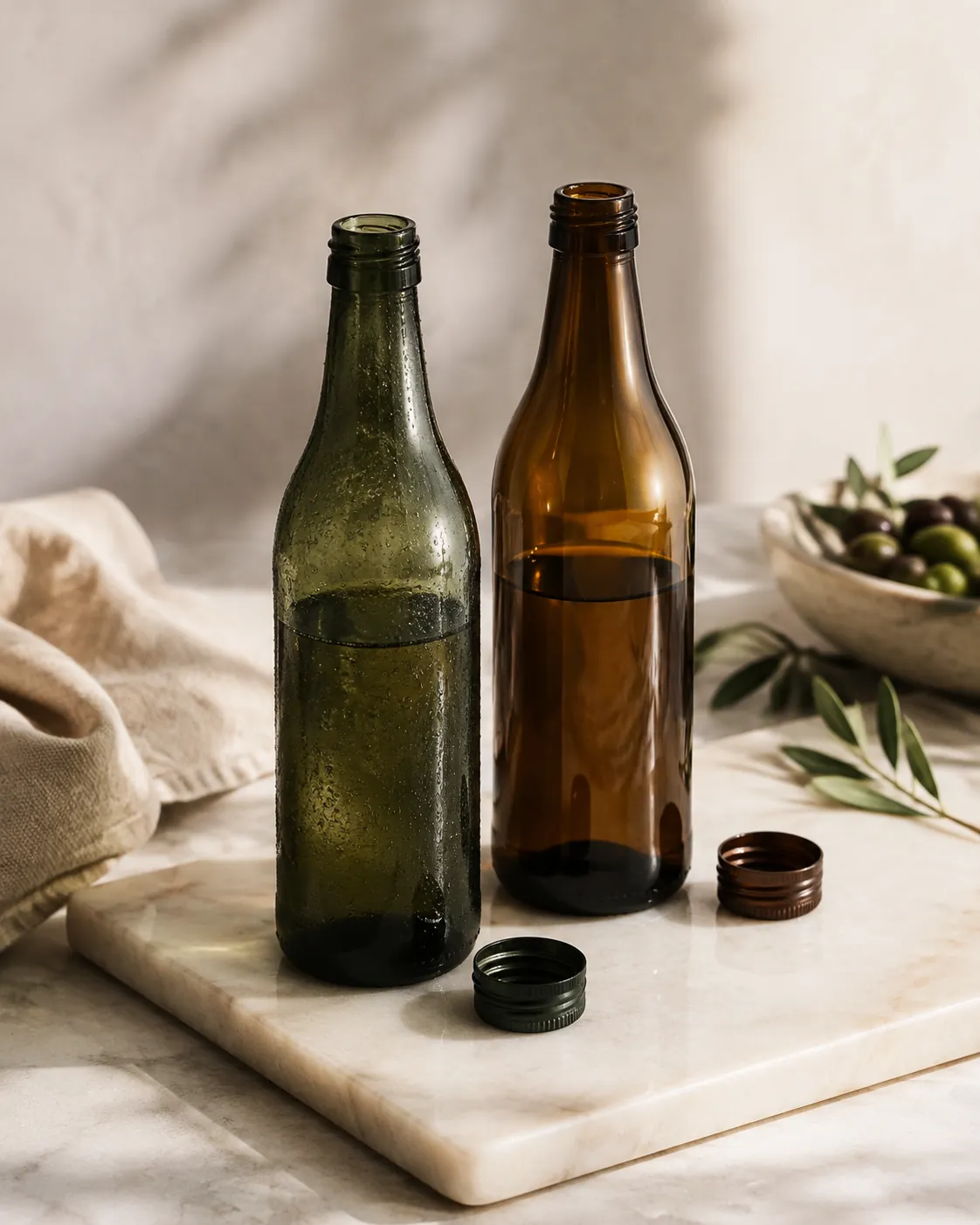 Two part-empty plain bottles standing open on a cold marble slab, one with condensation and one dry, both without caps