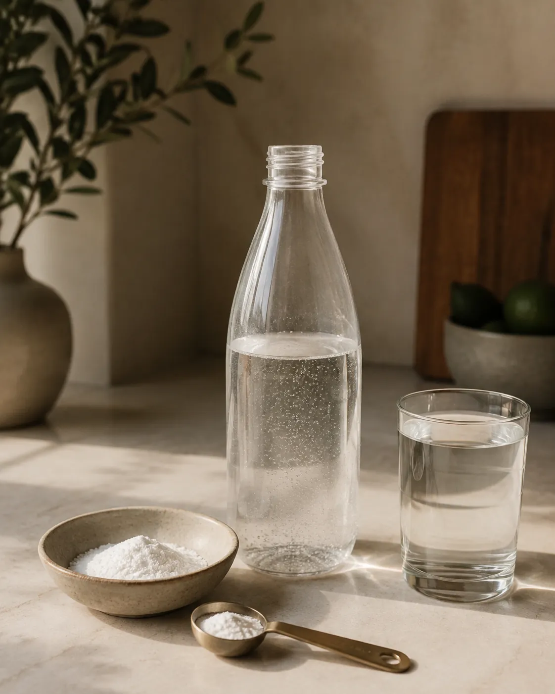 A plain carbonating bottle on a kitchen counter beside a small dish of white powder, a measuring spoon and a filled glass of clear water