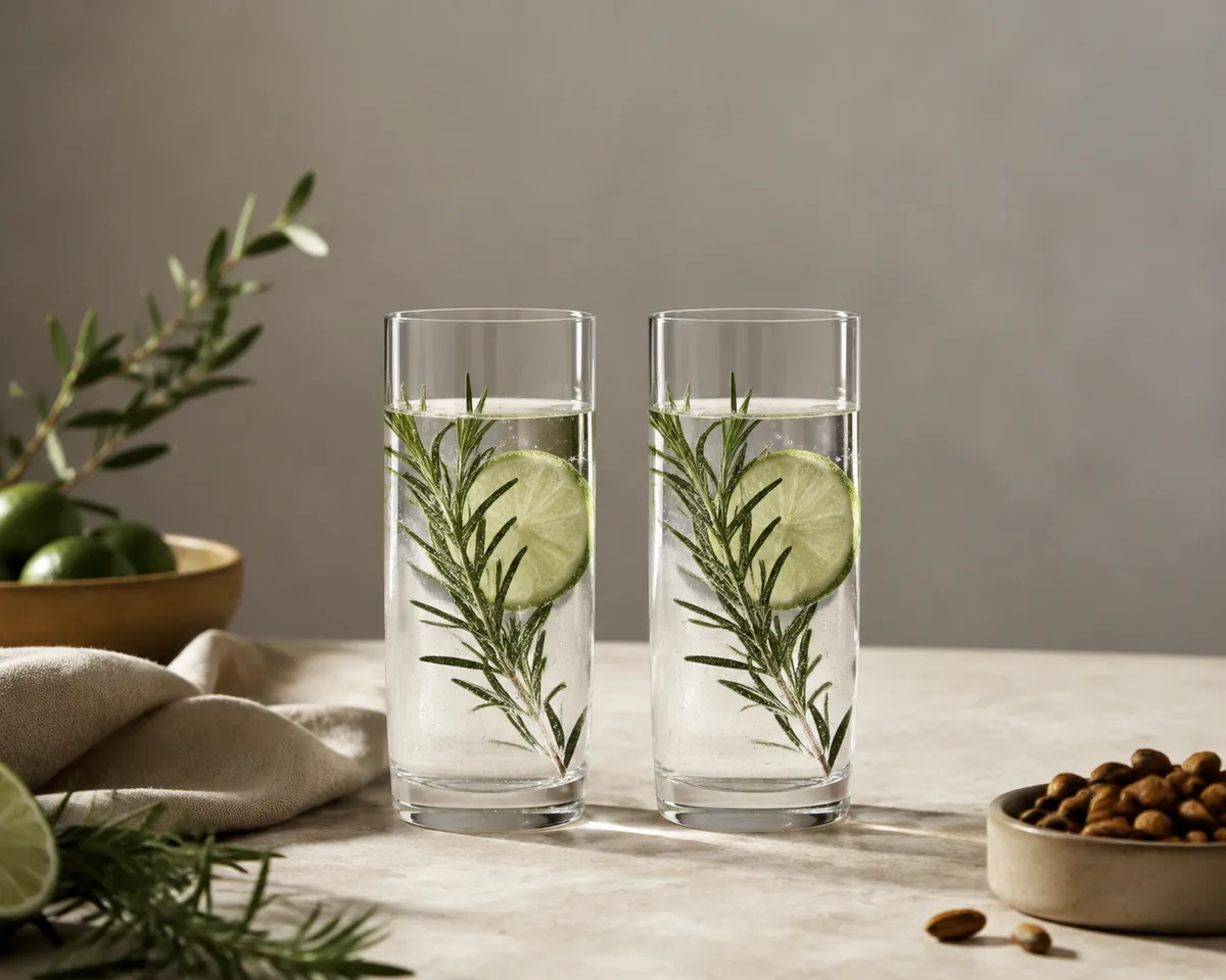 Two identical tall glasses of clear carbonated liquid photographed straight on against a neutral grey background, matched in fill level