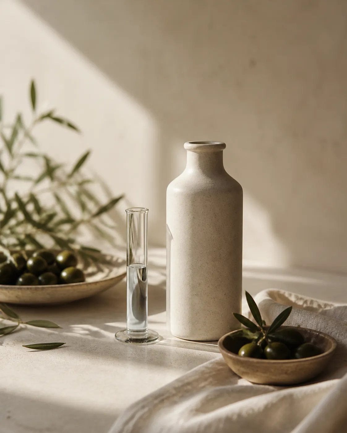 A small clear measuring cylinder of colourless liquid standing beside a plain bottle on a dark surface, lit from behind