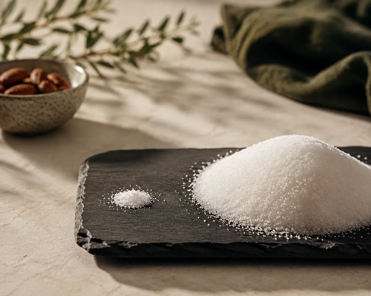 A tiny pinch of white salt on a dark slate slab beside a large heap of white granulated sugar, both photographed from the same height