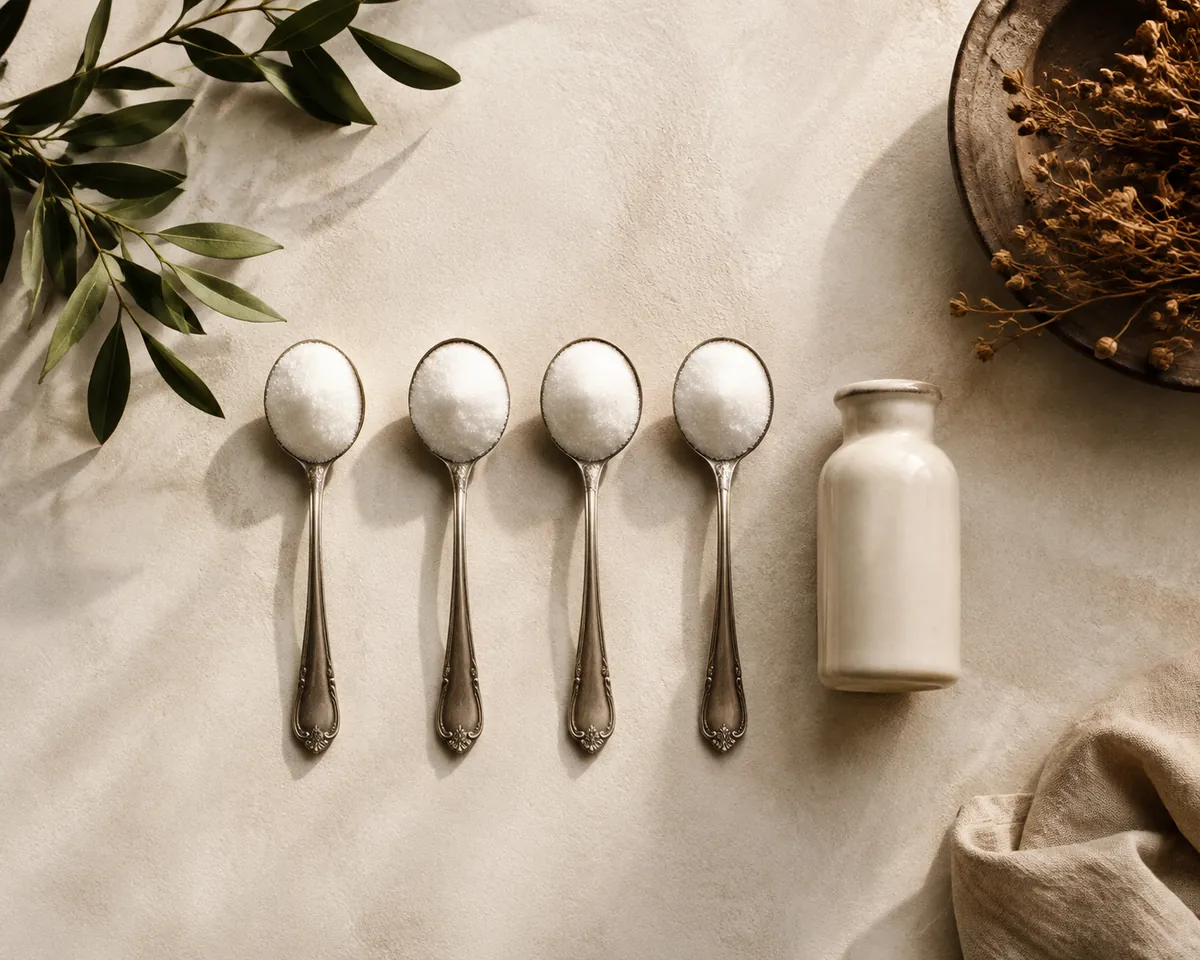 Four level teaspoons of white sugar laid in a row on a pale bench beside a small plain bottle, overhead view