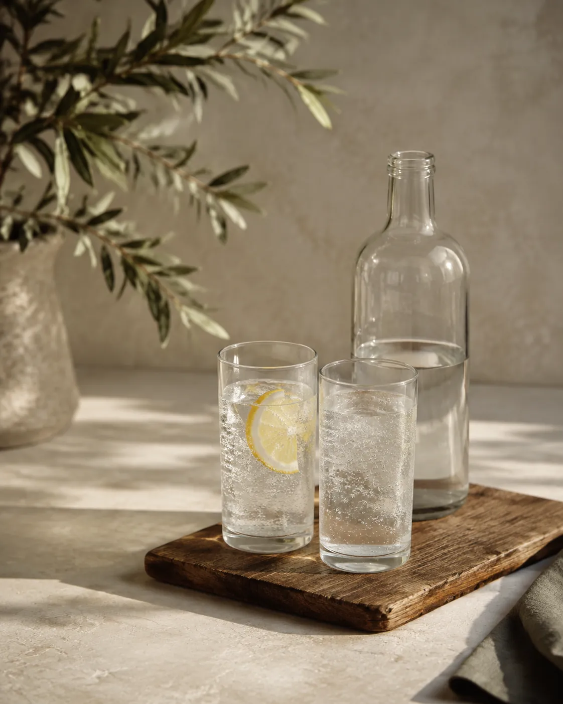 Two tall glasses of clear carbonated drink on a bench, one with a lemon slice and one plain, a plain bottle standing behind them