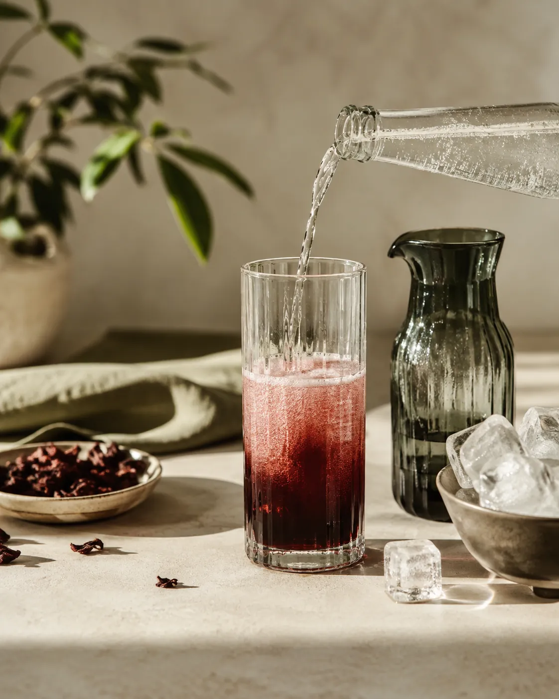 A tall glass part-filled with dark red syrup being topped with clear carbonated water from a plain bottle, a jug and a bowl of large ice cubes beside it