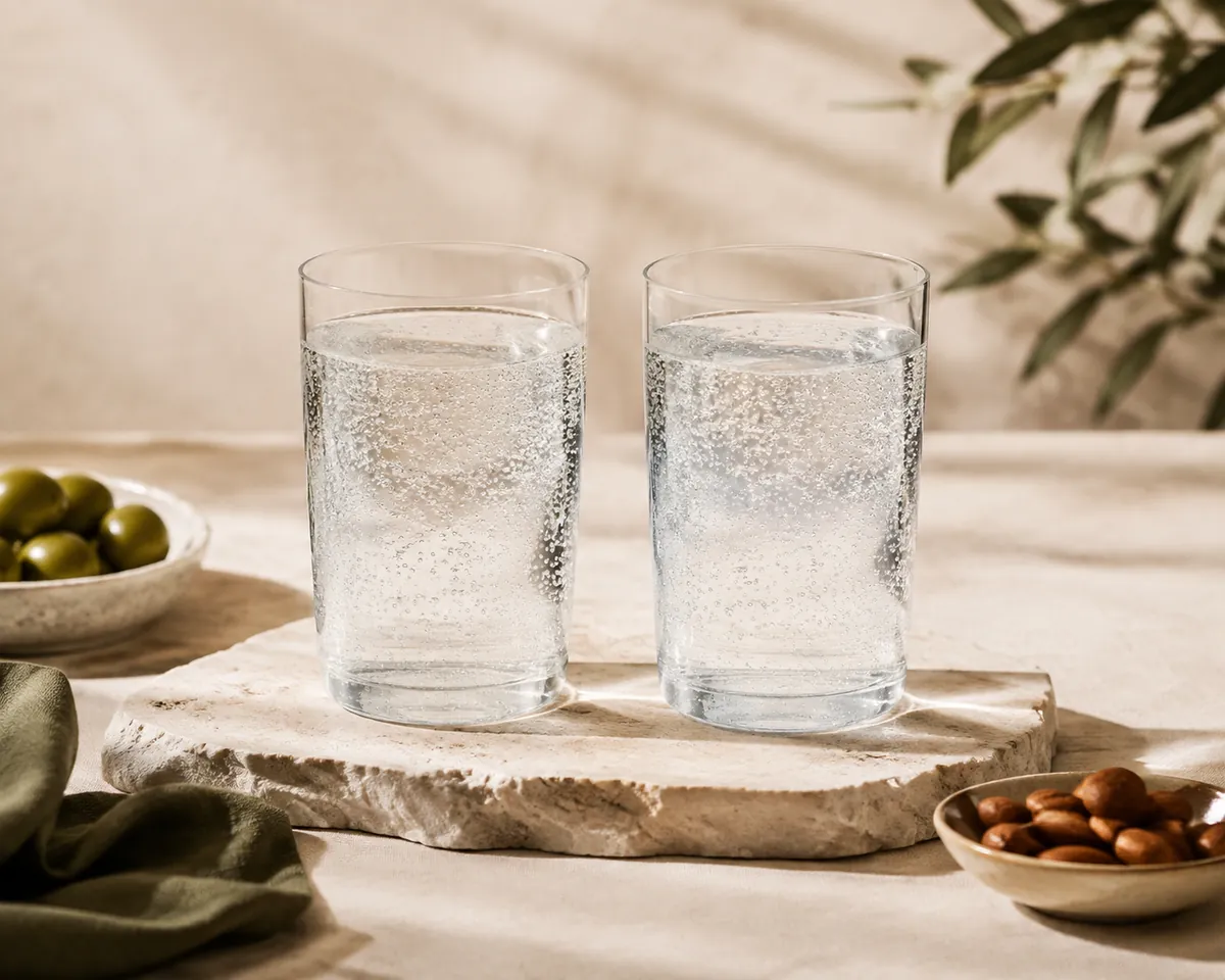 Two identical plain glasses of clear carbonated liquid standing side by side on a pale stone slab, indistinguishable from one another
