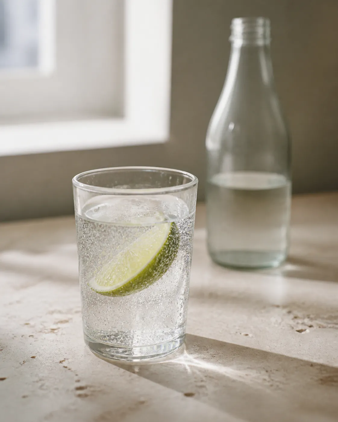 A glass of soda water with lime beside an open bottle on a pale stone surface