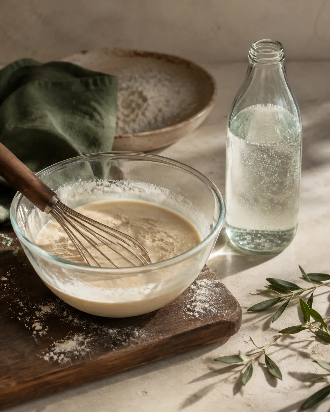 A glass bowl of thin pale batter with bubbles across its surface and a balloon whisk resting in it, an open bottle of sparkling water beside it