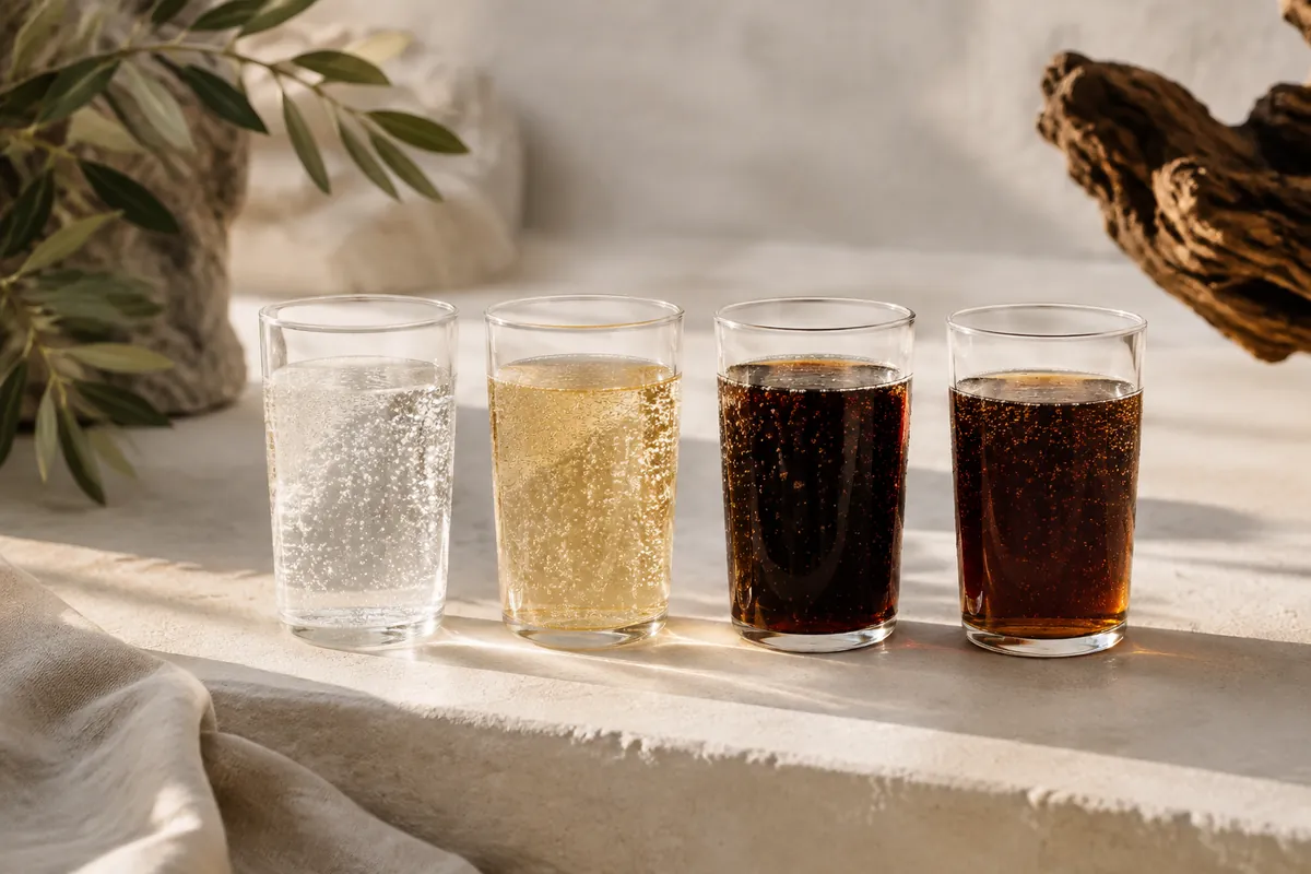 Four identical glasses in a row holding clear sparkling water, pale golden ginger ale, dark cola and dark brown root beer, all with bubbles rising