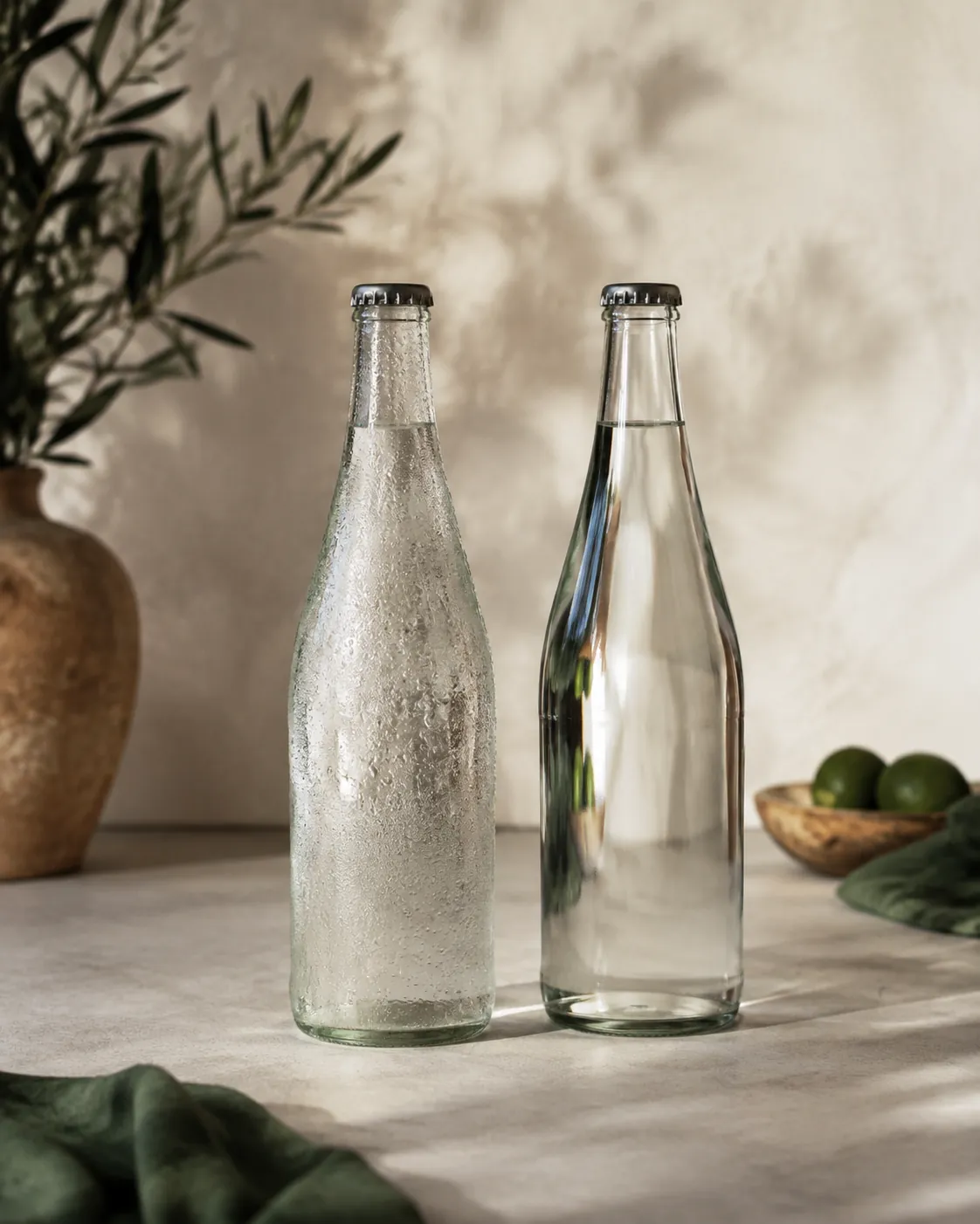 Two identical glass bottles of sparkling water on a stone counter, the left beaded with condensation and the right dry and clear
