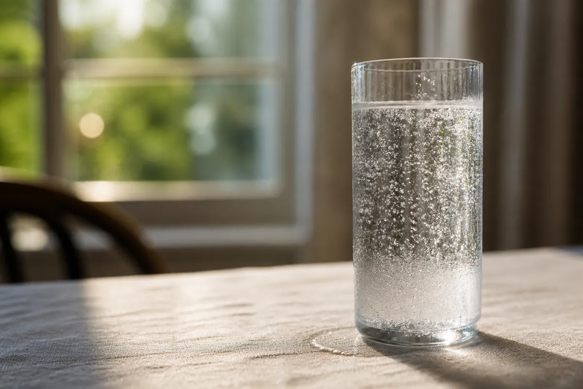 A tall glass of sparkling water with fine bubbles rising, on a pale stone surface