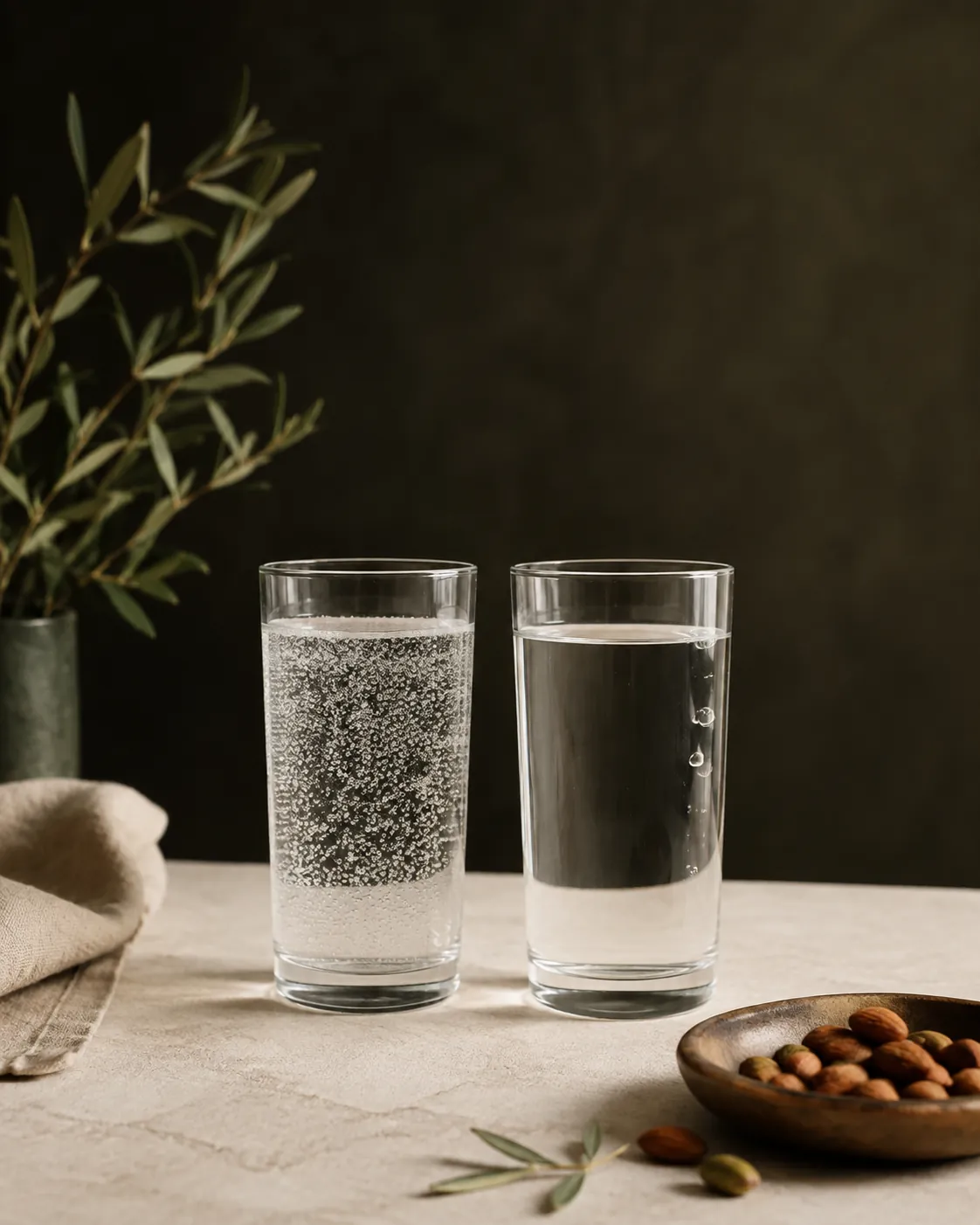 Two identical glasses of clear tonic side by side, the left dense with fine rising bubbles and the right nearly still with a few large bubbles clinging to the glass