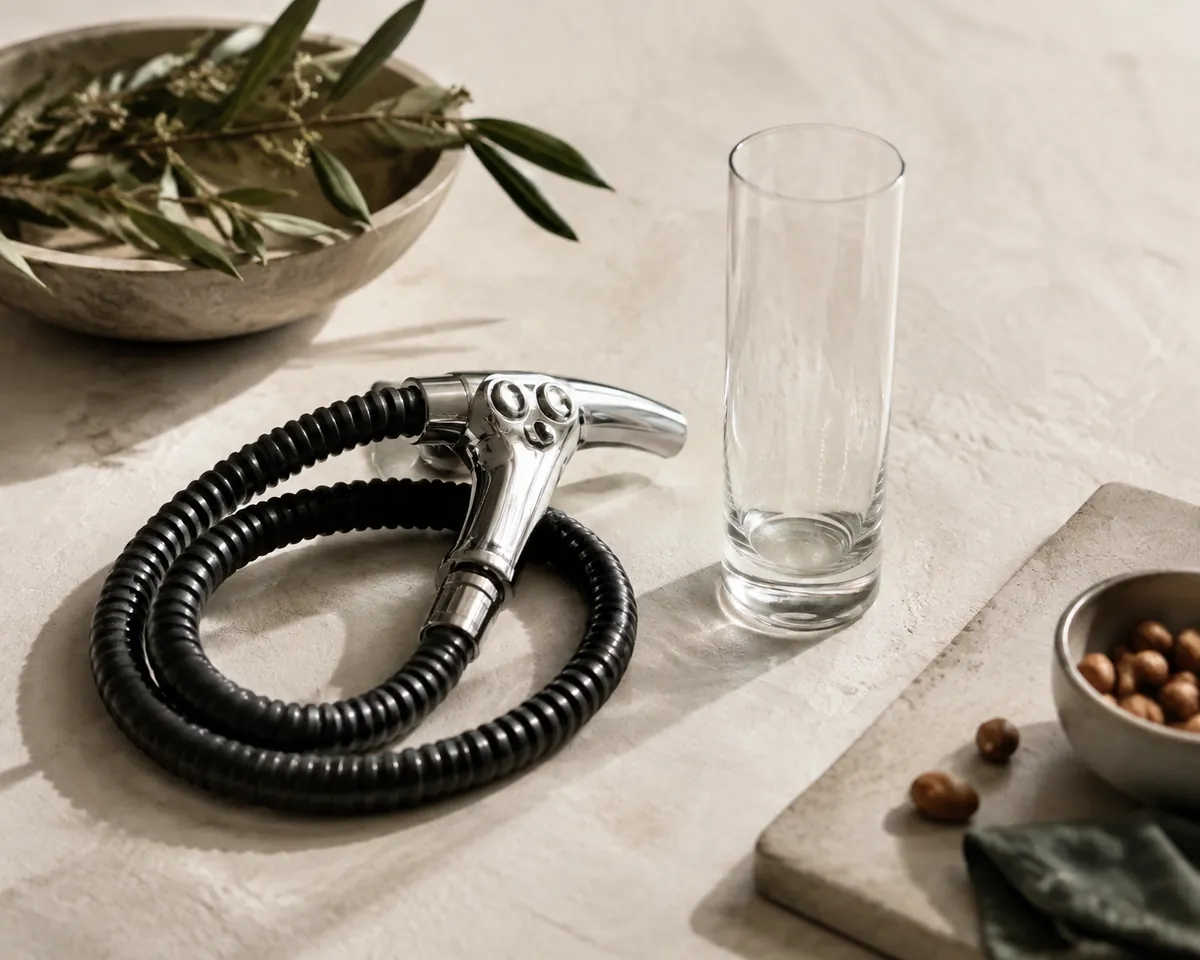 A chrome bar dispenser gun on its coiled hose resting on a stainless steel counter beside an empty tall glass