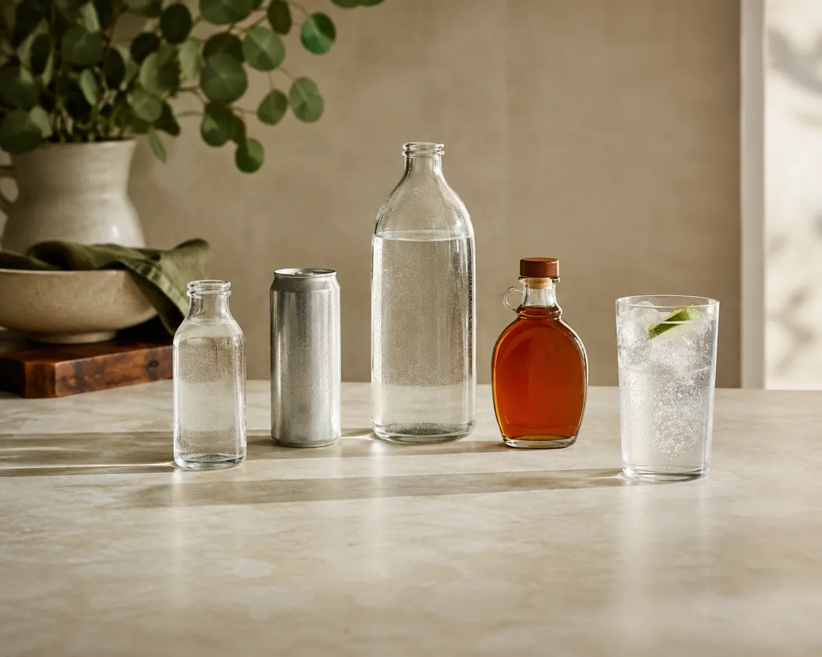 A row of plain unlabelled containers on a pale counter, a small glass bottle, a slim can, a litre bottle and a small bottle of amber syrup, beside one filled glass