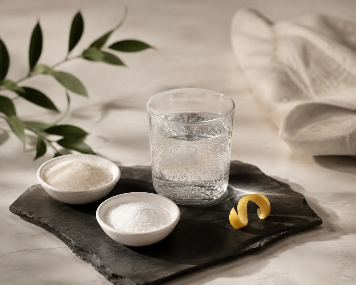 A small dish of white sugar, a dish of fine white citric acid crystals and a curl of lemon peel arranged beside a glass of carbonated water on slate