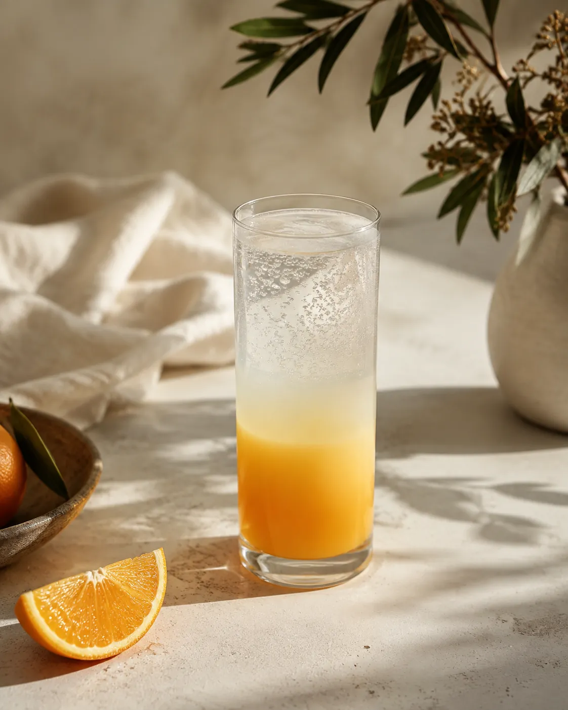 A tall glass where clear tonic has been poured into orange juice, leaving a murky separated band through the middle