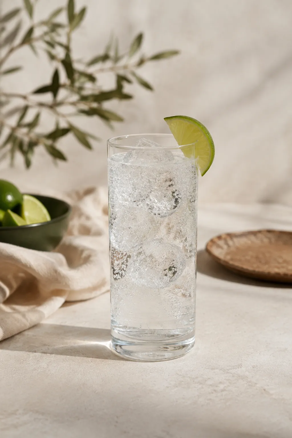 A tall glass of plain tonic water over ice with a wedge of lime on the rim and fine bubbles rising