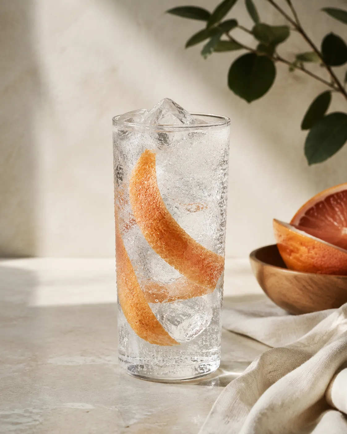 A tall glass of clear tonic water filled with large ice cubes and a single curl of grapefruit peel, condensation on the outside, on a pale stone surface