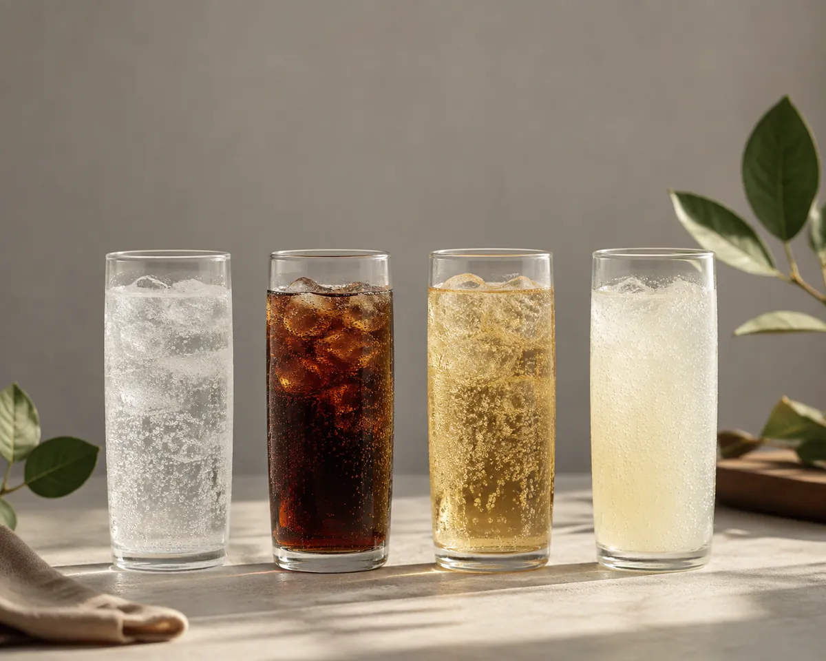 Four tall glasses of different carbonated soft drinks standing in a row against a plain grey background, one clear, one dark, one pale gold and one cloudy pale