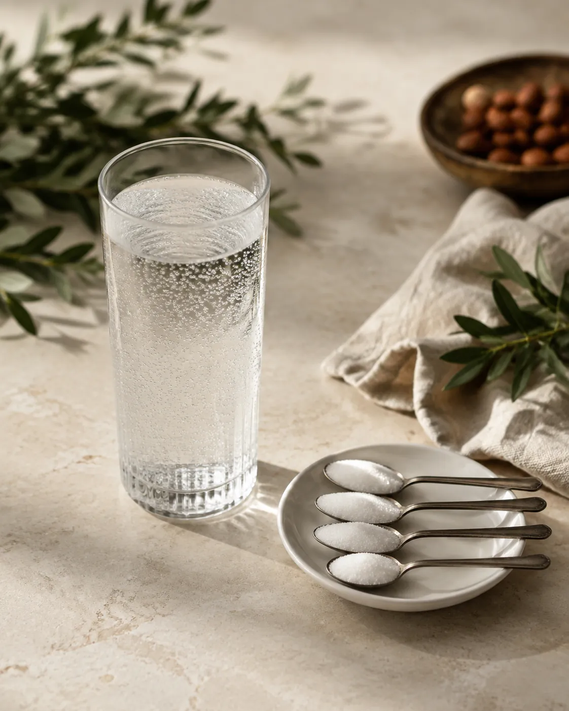 A tall glass of clear tonic water standing beside a small white dish holding four level teaspoons of white sugar on a pale stone surface
