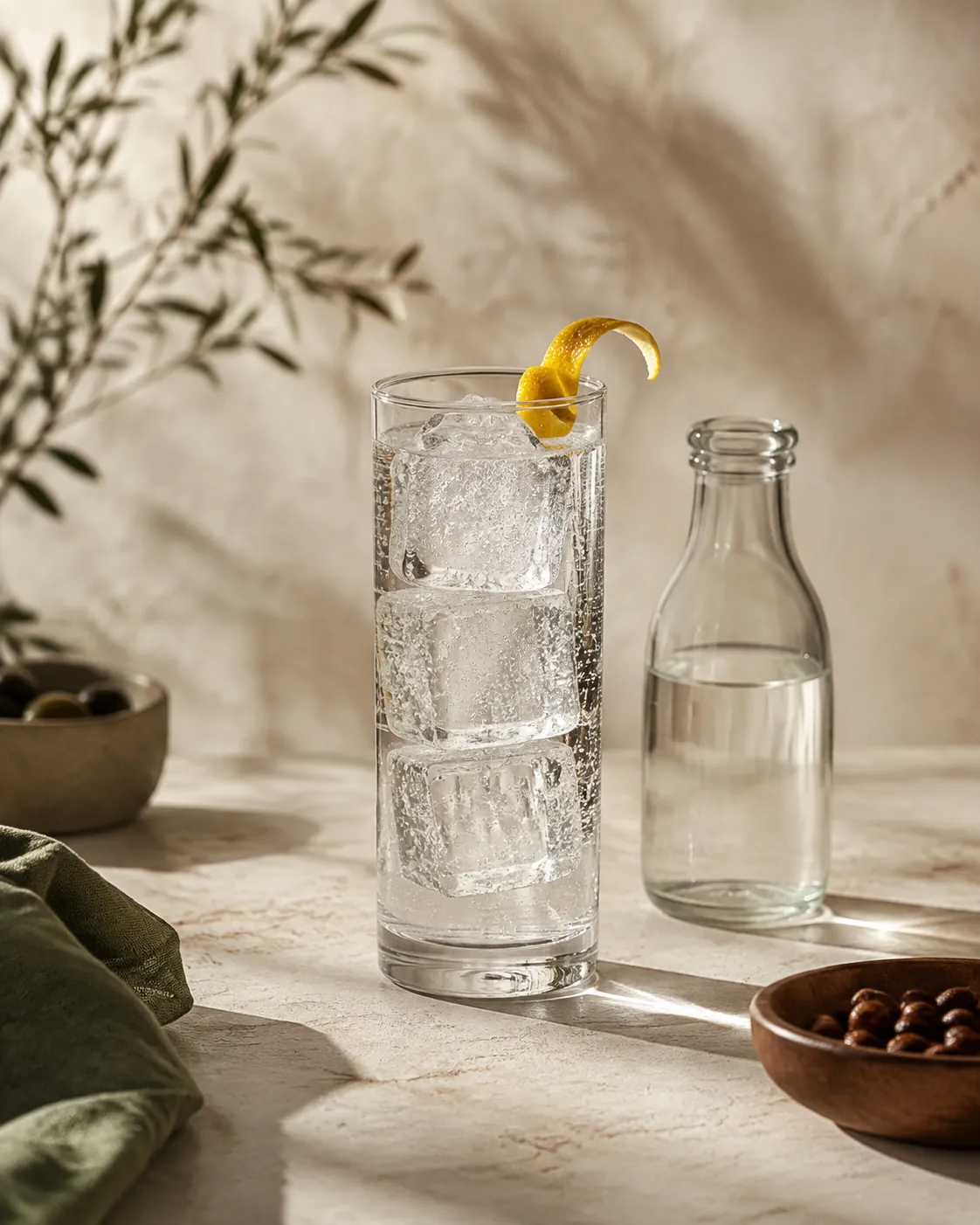 A tall glass of clear tonic water over large ice cubes with a curl of citrus peel, beside a plain unlabelled bottle