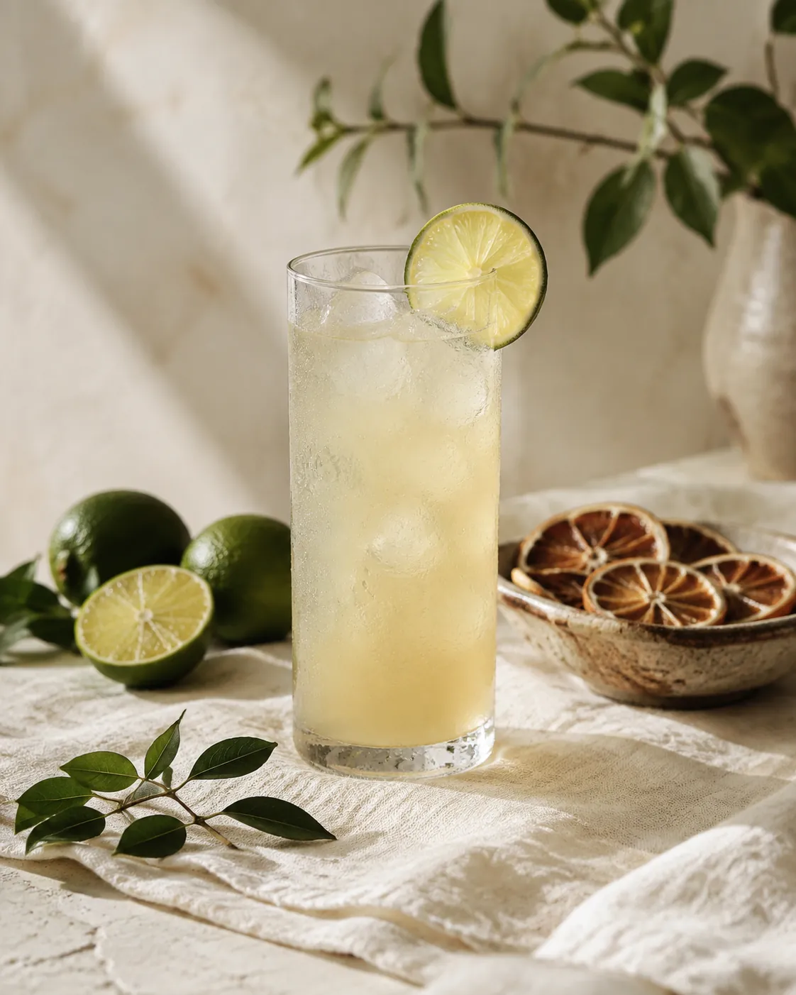 A tall glass of cloudy pale yellow bitter lemon over ice with a lime wheel on the rim and heavy condensation