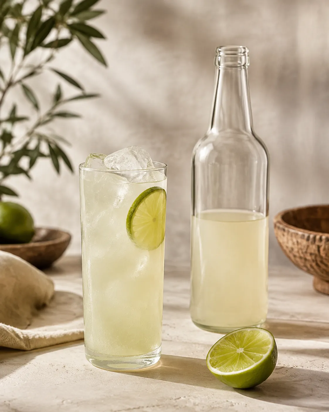 A tall cloudy bitter lemon over ice beside a plain bottle and a lime wheel