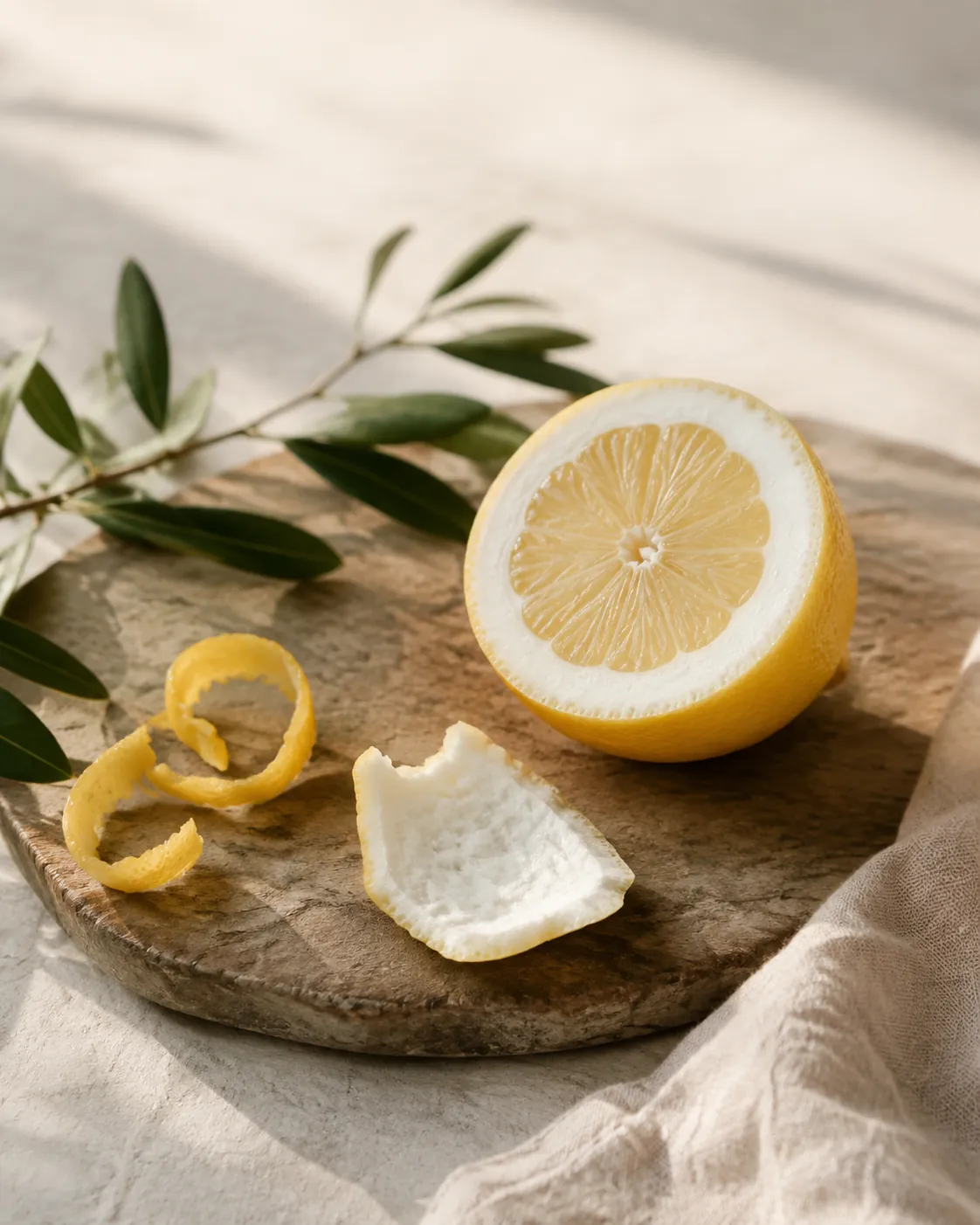 A lemon cut open showing the thick white pith layer, with a curl of yellow zest and a separated piece of pith laid apart from it