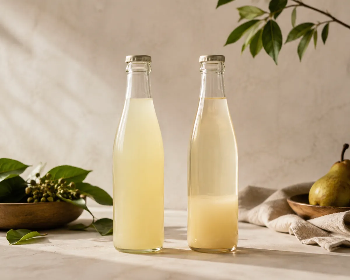 Two bottles of cloudy pale yellow soft drink, the left evenly cloudy and the right clear on top with pale sediment settled at the base