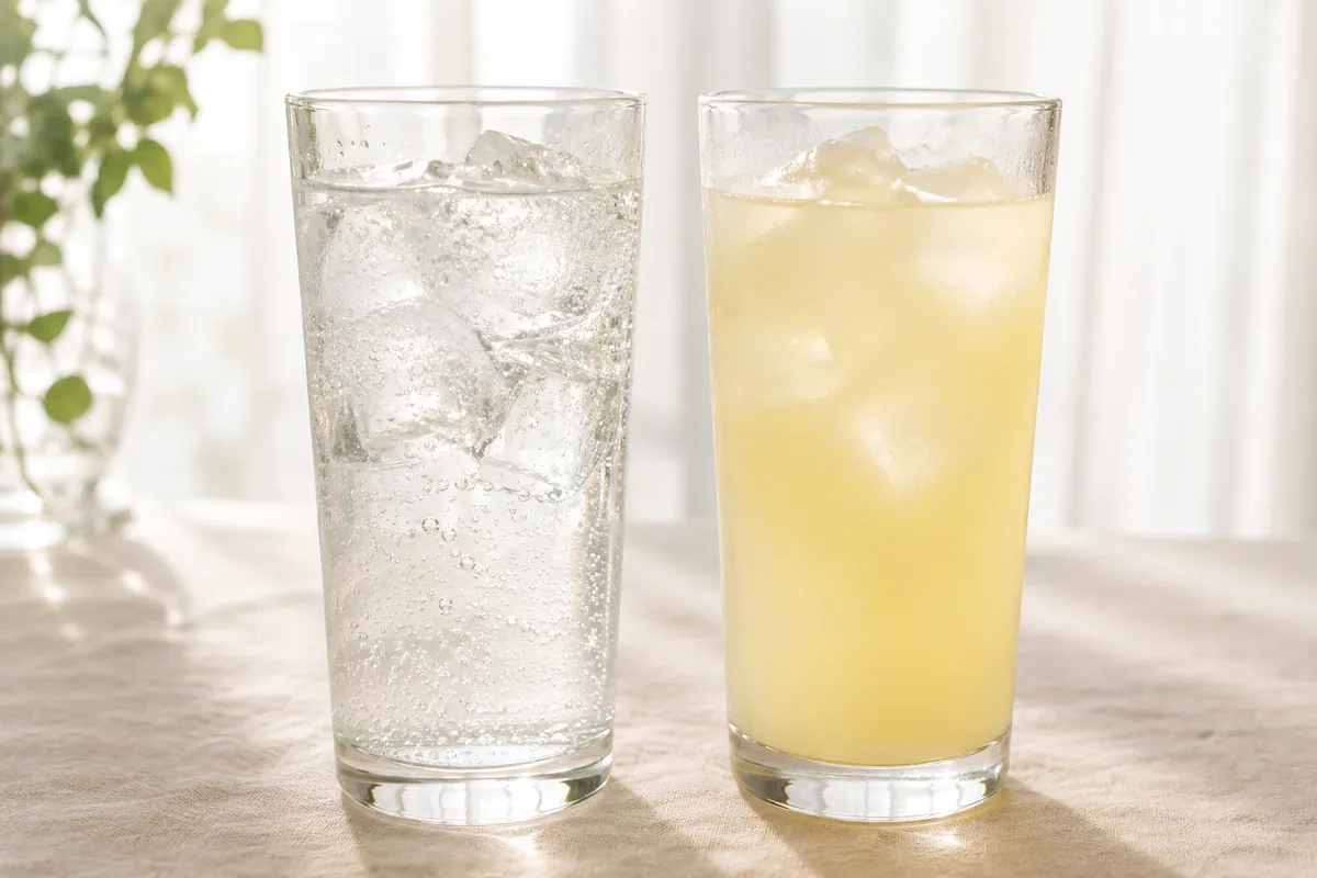 Two tall glasses backlit side by side, the left clear and colourless with fine bubbles and the right cloudy pale yellow, ice in both