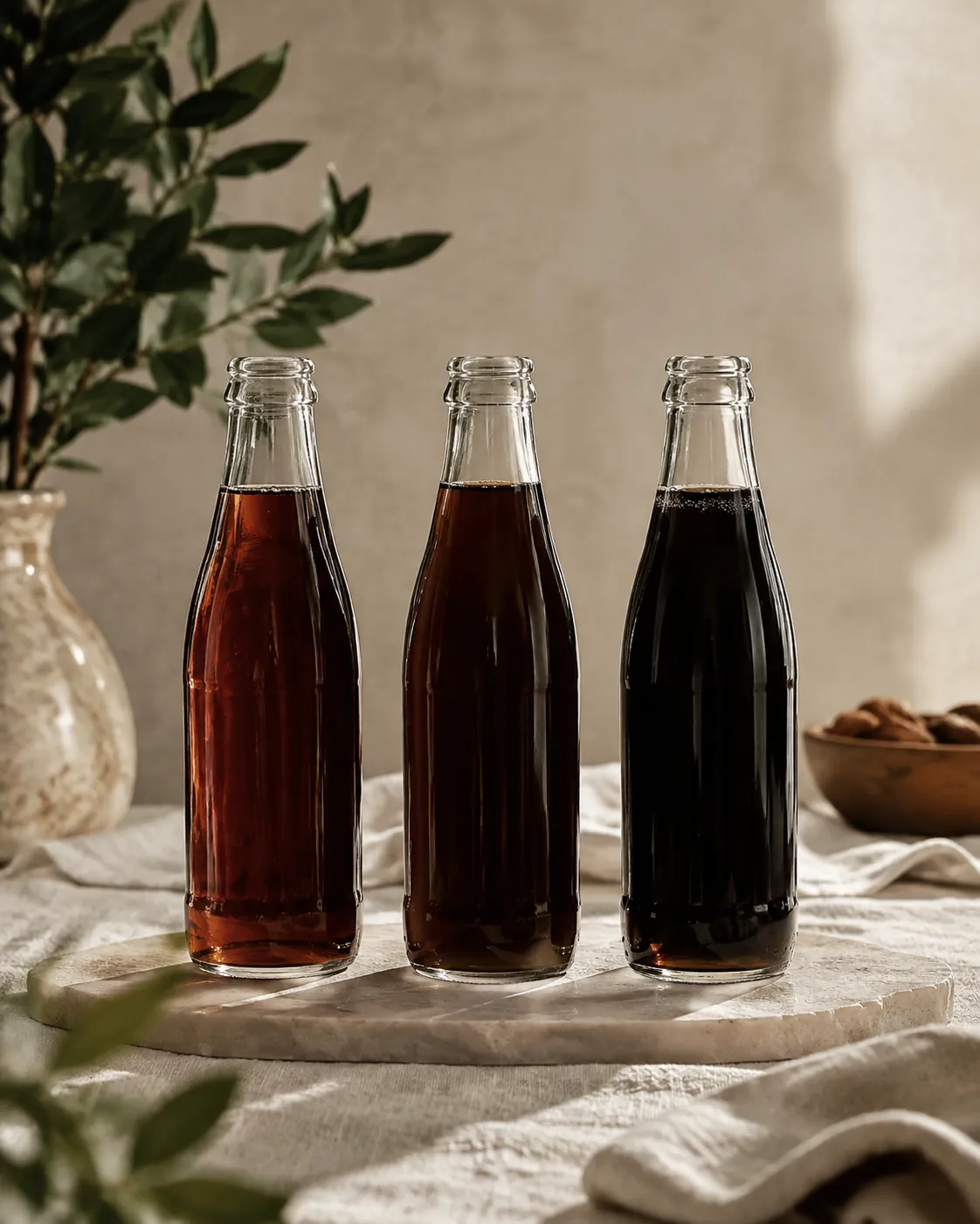 Three plain glass bottles of dark cola side by side, varying in shade from red-brown to near-black
