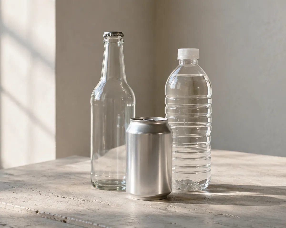 A glass bottle of cola beside an aluminium can and a plastic bottle, all unlabelled, on a pale stone surface