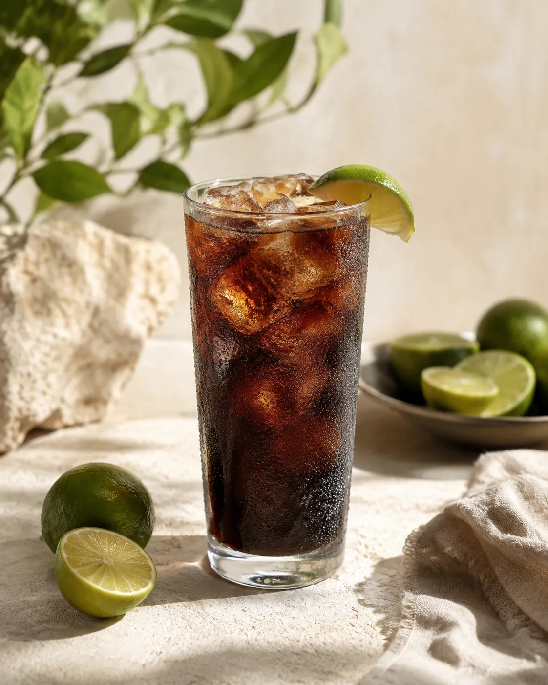 A tall glass of cola over ice with a wedge of lime on the rim and heavy condensation