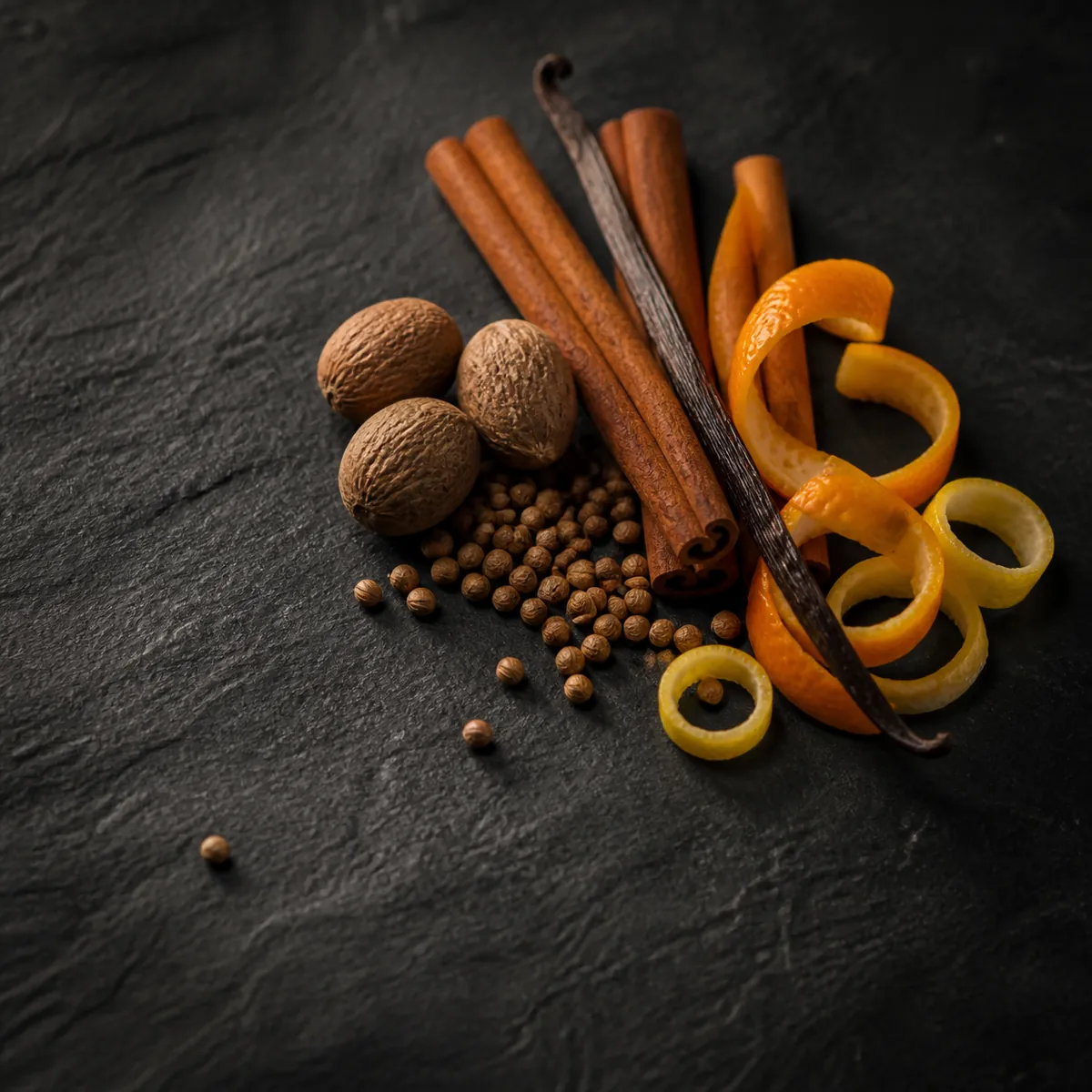 Cinnamon sticks, whole nutmeg, coriander seeds and strips of citrus peel arranged on a dark slate surface