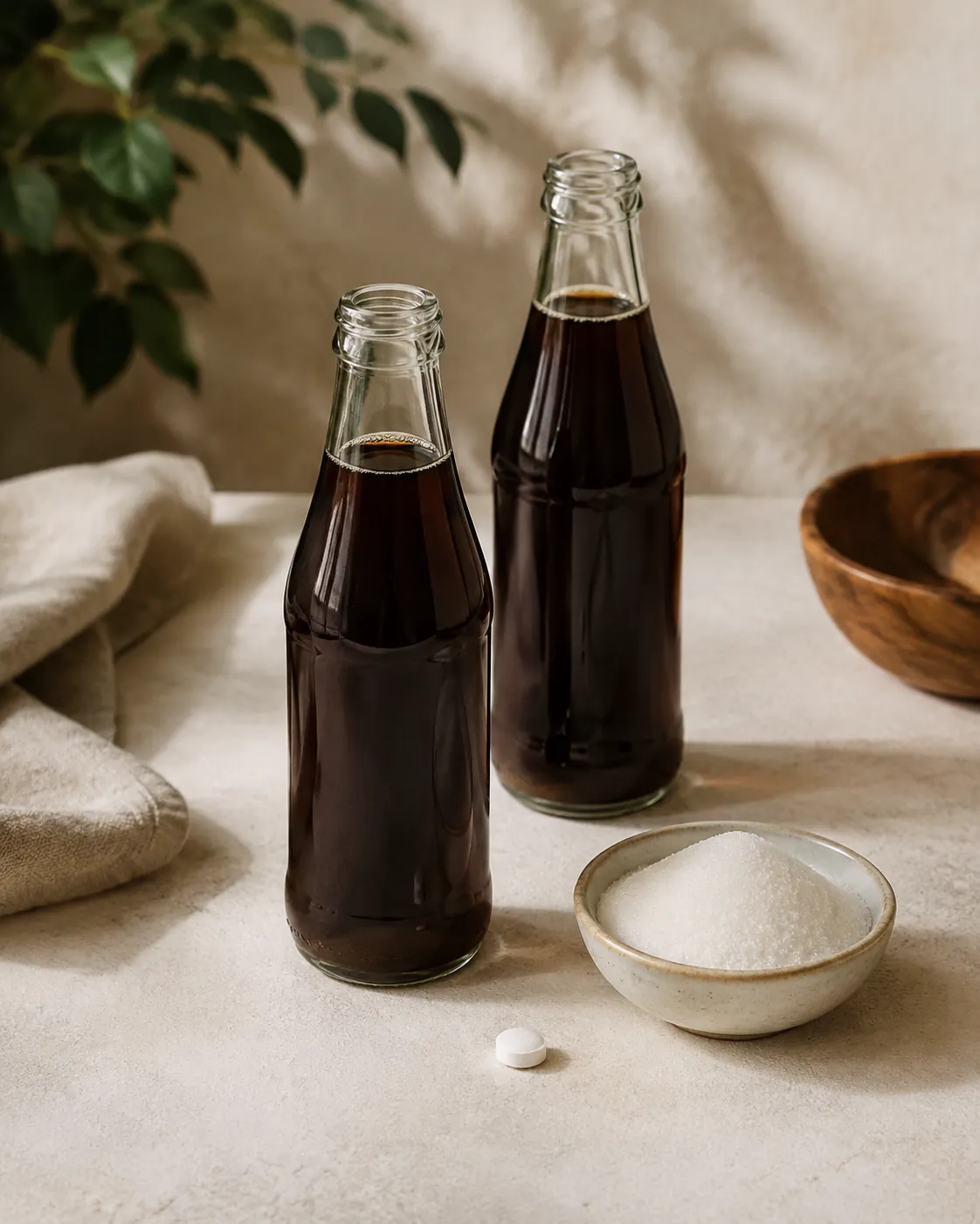 Two plain bottles of dark cola beside a small dish of sugar and a single tablet