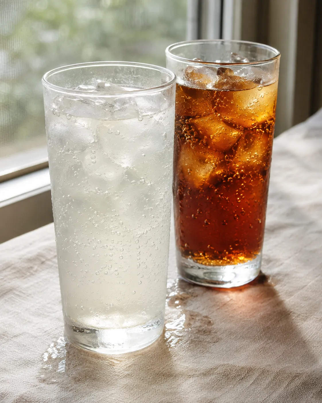 Two glasses side by side, one holding pale nearly clear ginger ale and the other deep amber golden ginger ale, both with ice