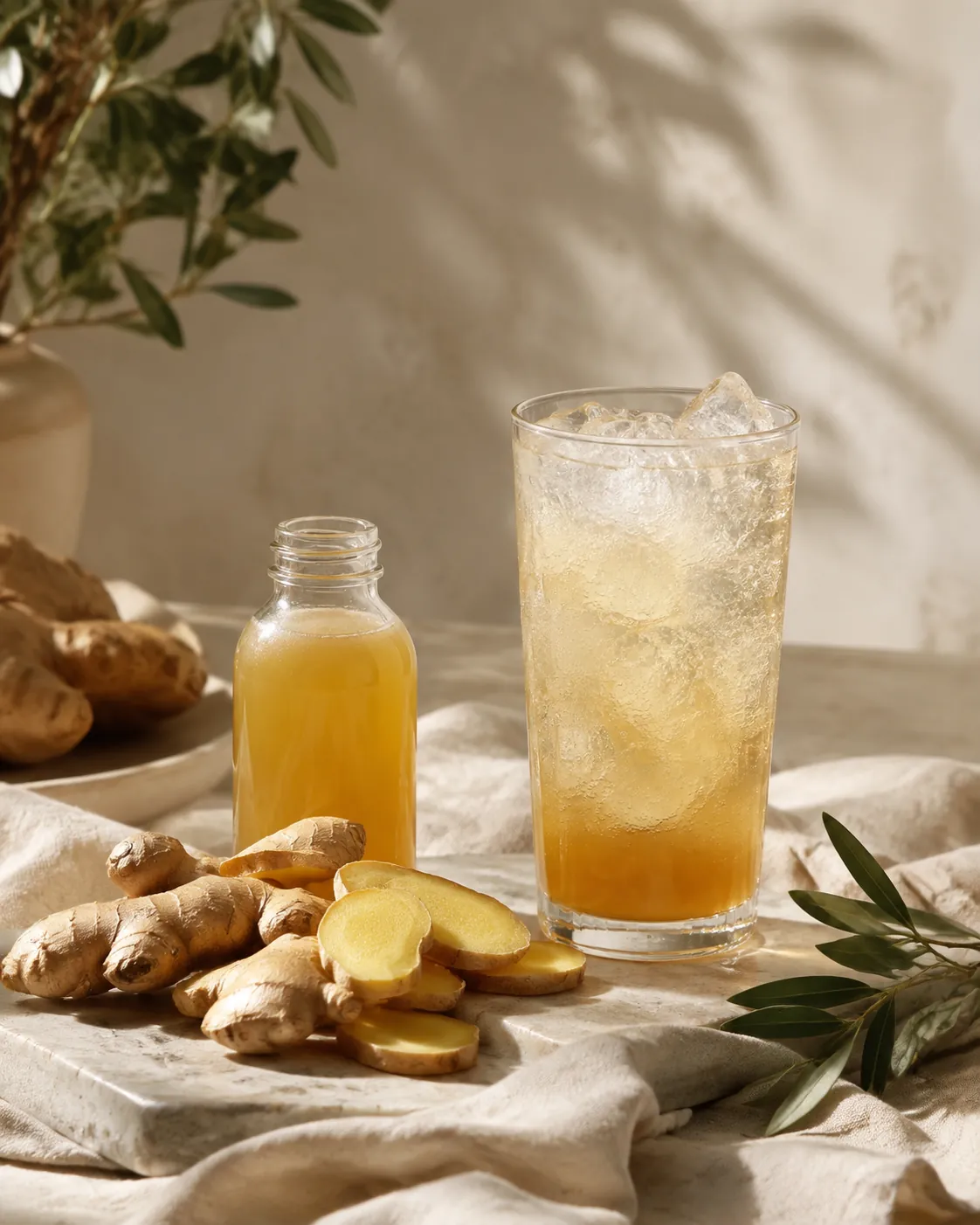 A bottle of cloudy homemade ginger syrup beside sliced fresh ginger and a glass of finished ginger ale