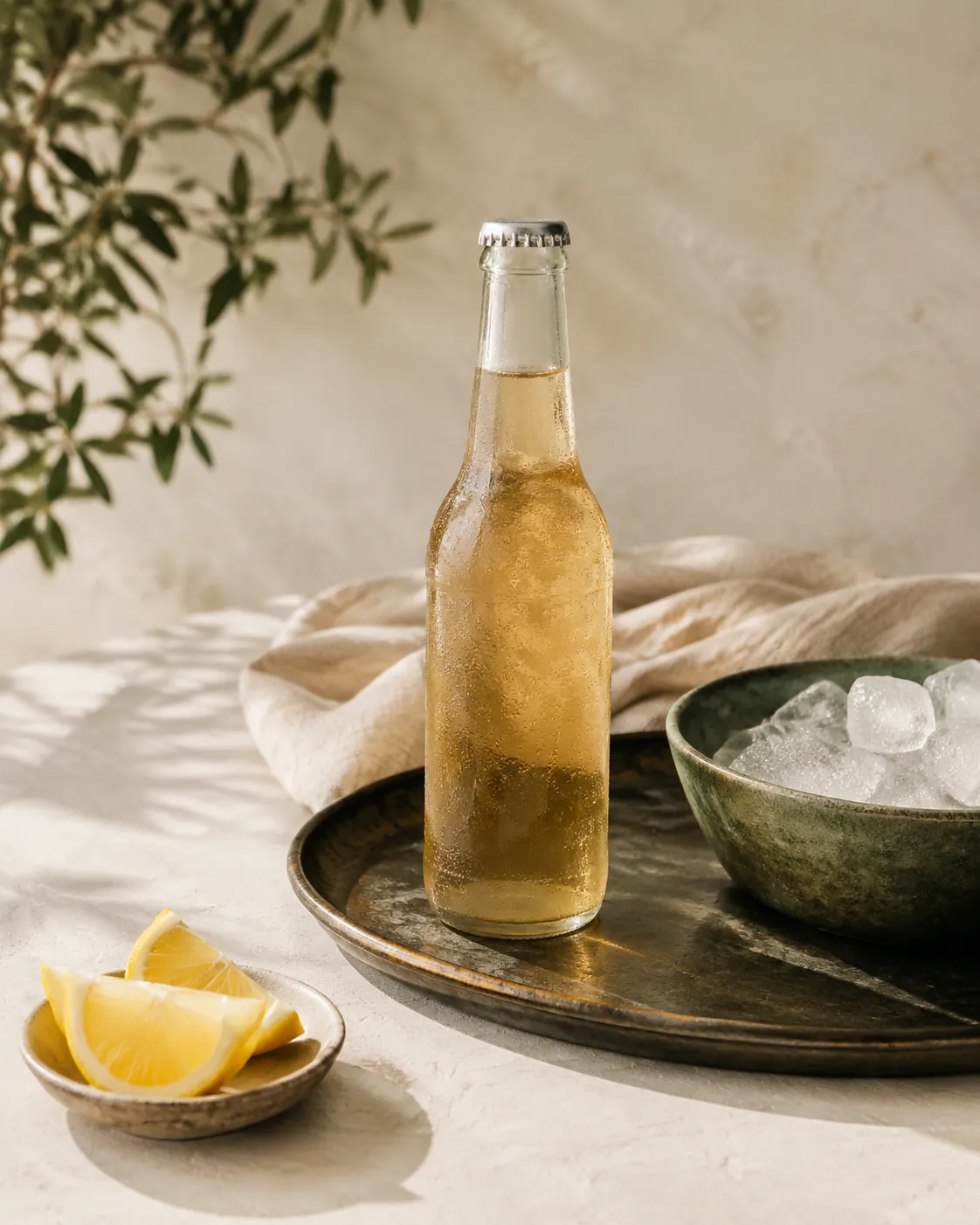 A bottle of ginger ale on a tray with a bowl of ice and a dish of lemon wedges