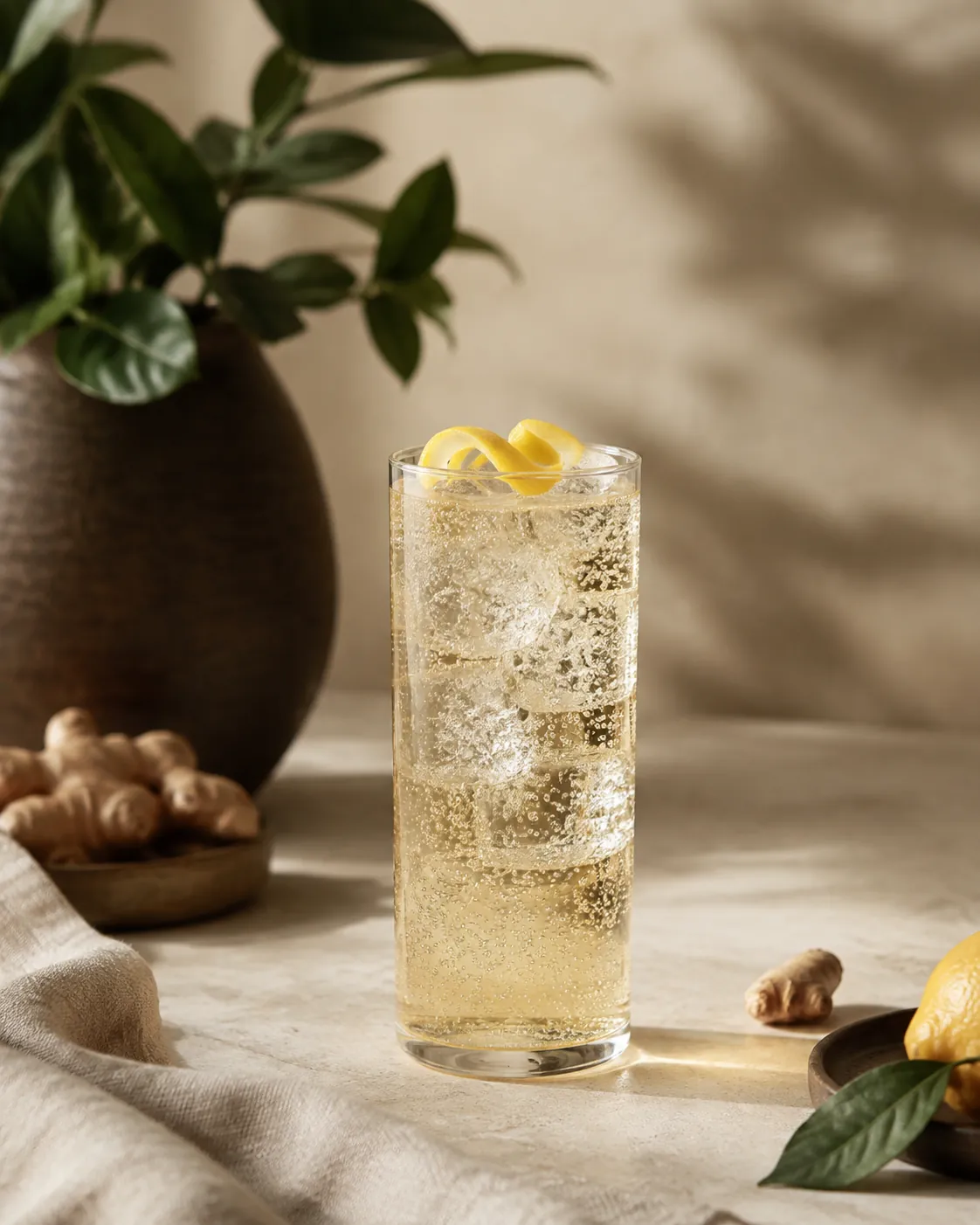 A tall glass of ginger ale over ice with a twist of lemon peel and fine bubbles rising