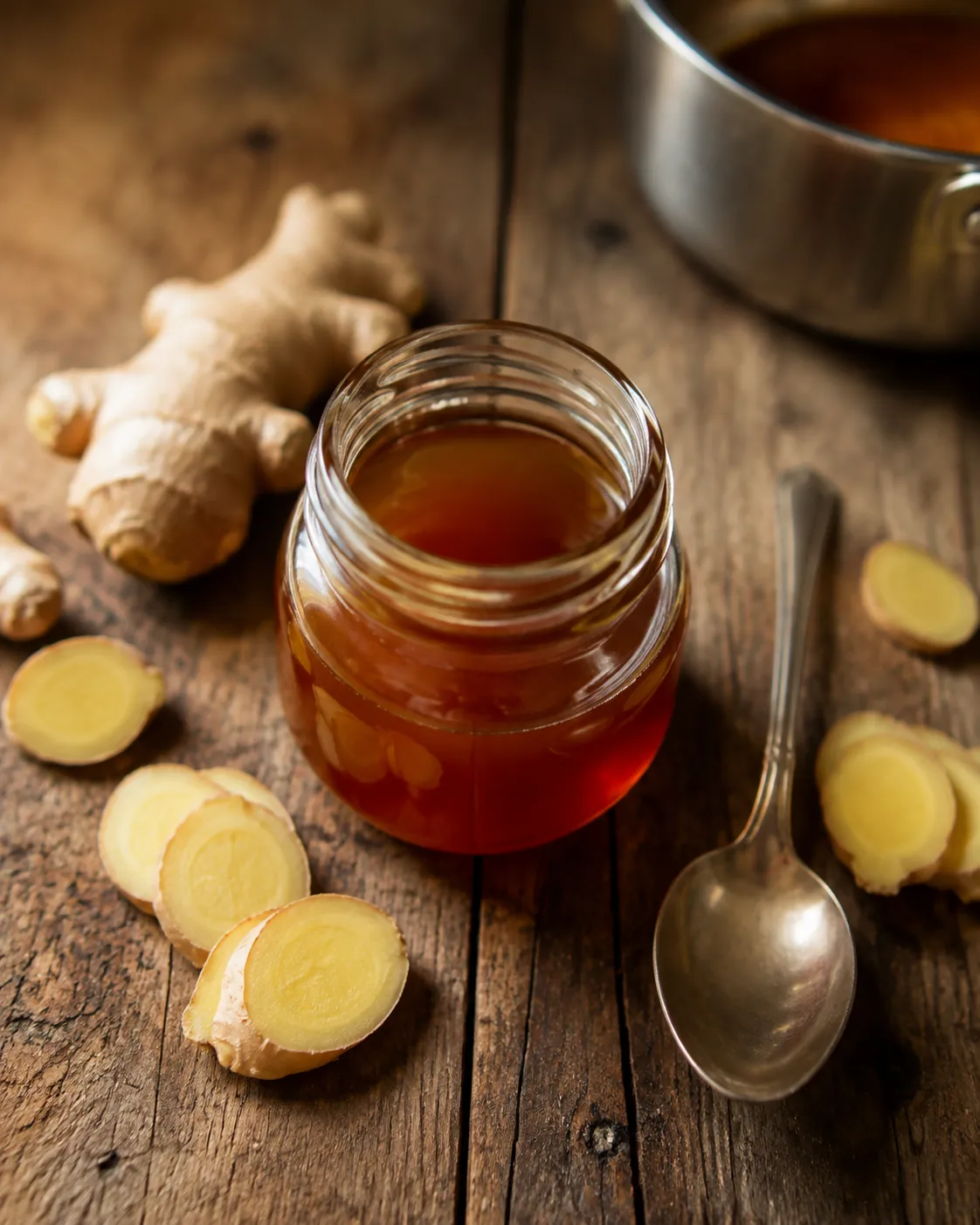 A small jar of dark golden ginger syrup with a spoon beside it on weathered wood, thin coins of fresh ginger scattered around