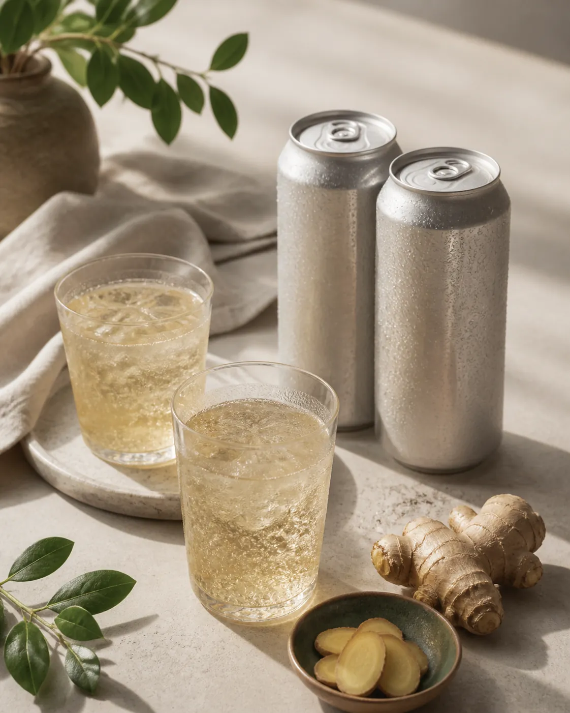 Two plain cans standing side by side with two poured glasses in front of them
