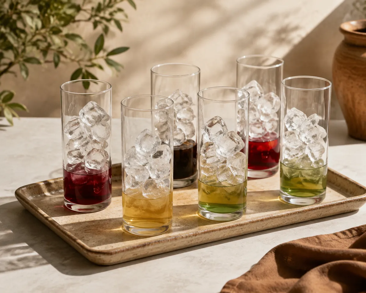 Six tall glasses on a tray, each with syrup measured into the base and ice added