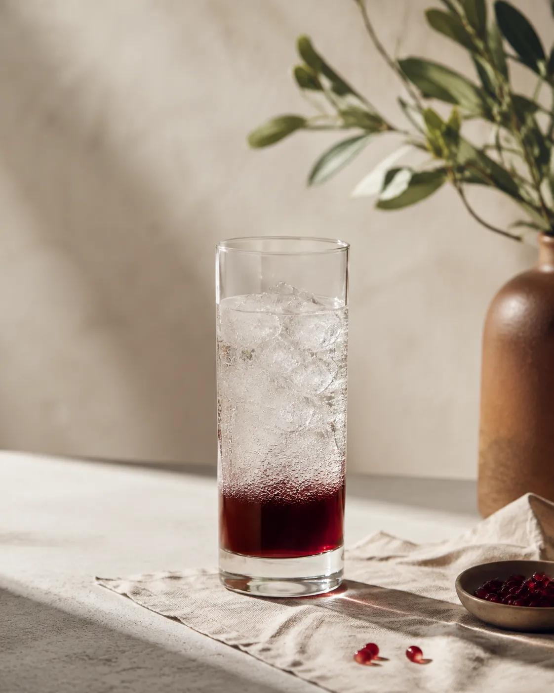 A tall glass filled with ice, a layer of dark red syrup settled at the bottom and clear sparkling water poured above it, not yet stirred