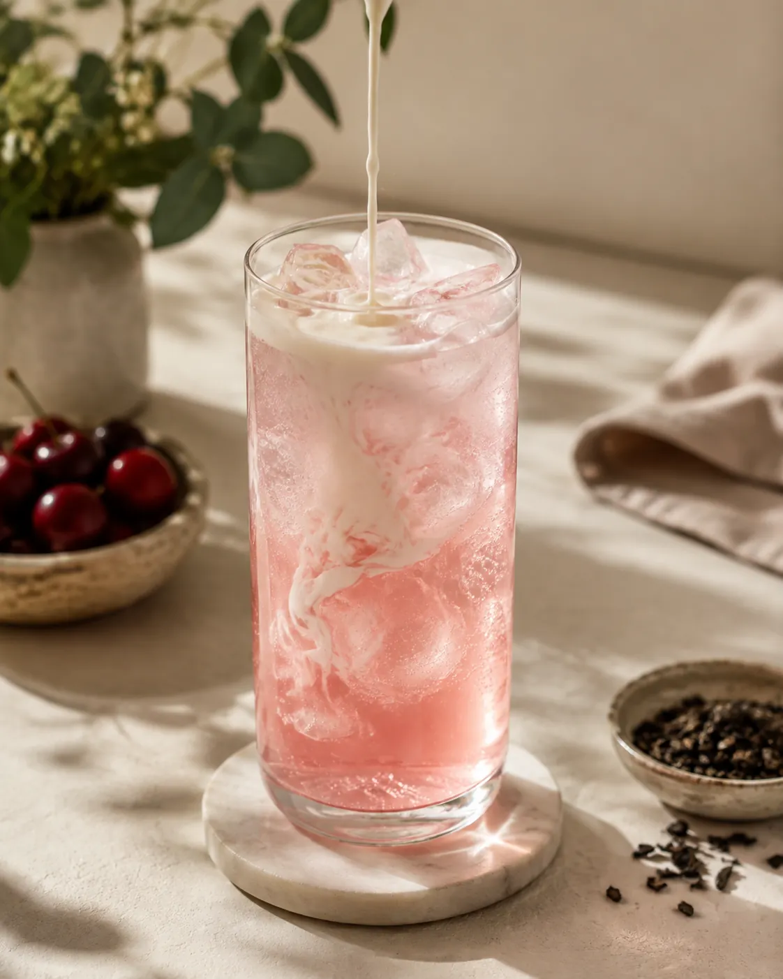A tall glass of pale pink soda over ice with cream poured over the top, beginning to sink and marble through the drink