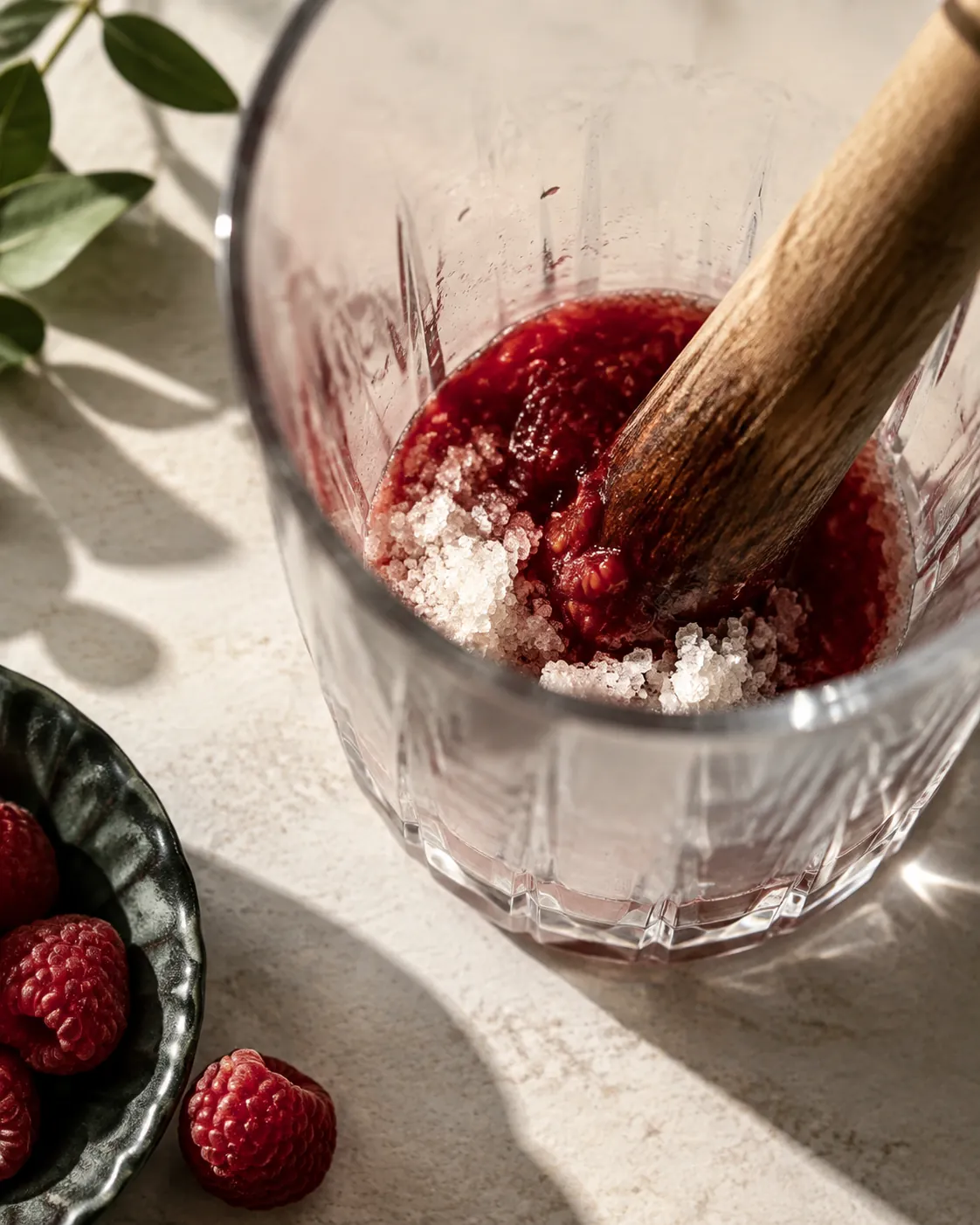 Crushed raspberries and sugar muddled in the base of a tall glass, juice pooling around the grains