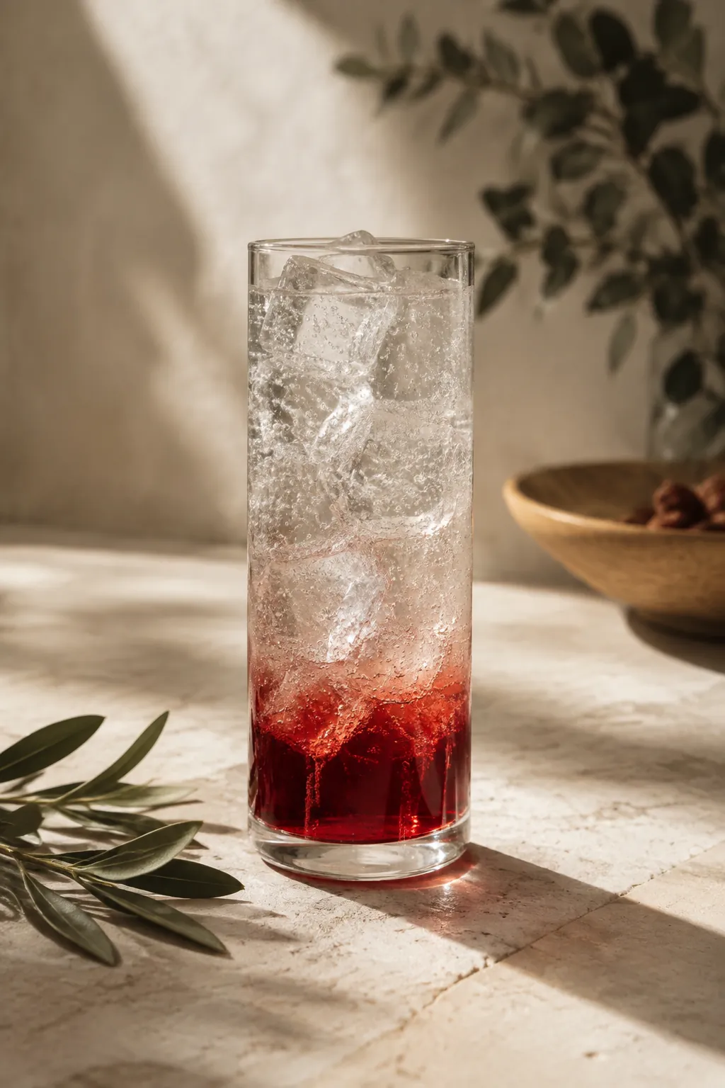 A tall glass with a deep red syrup layer at the bottom under ice, sparkling water running down the inside of the glass