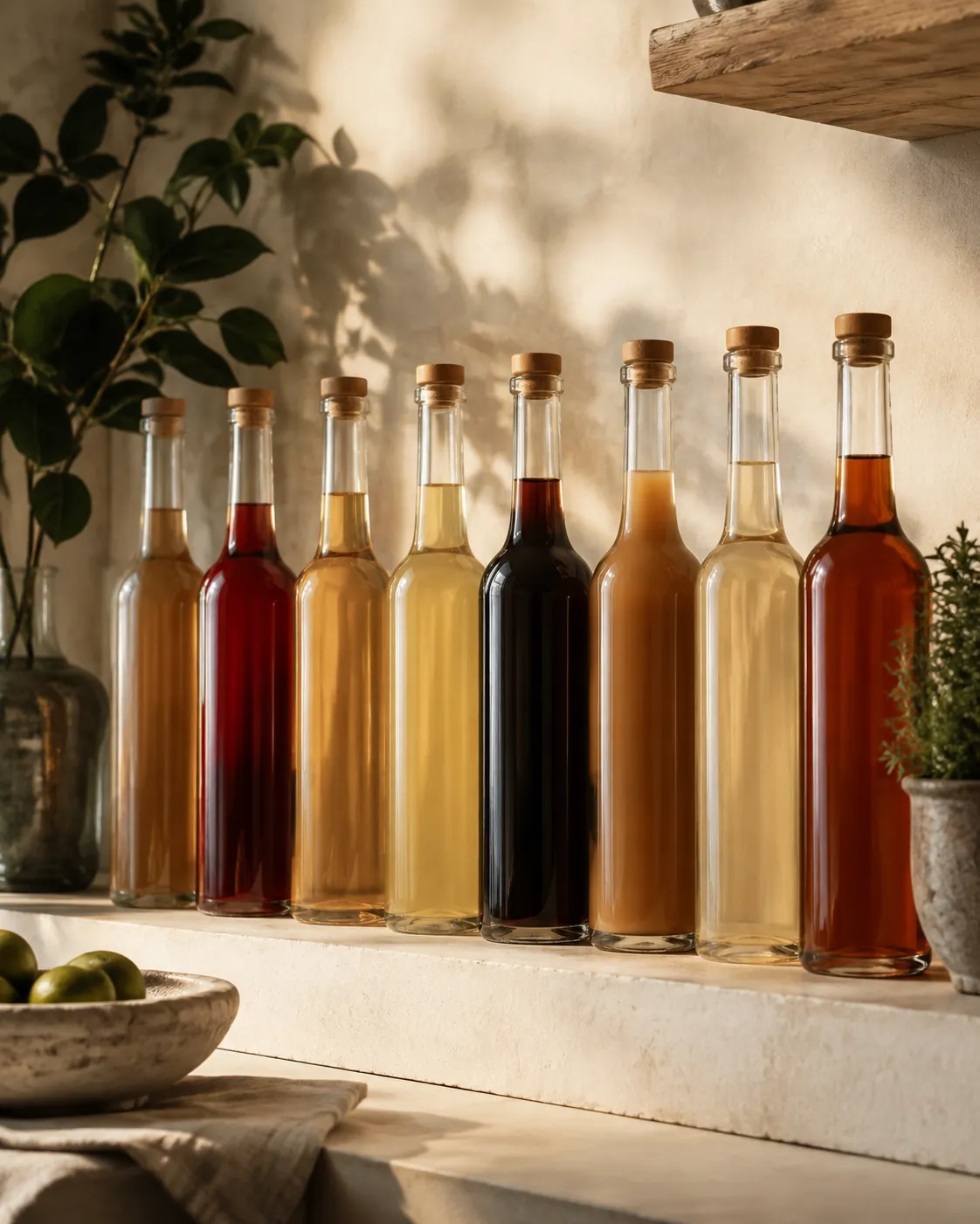 A row of tall syrup bottles on a shelf in varied colours, seen from slightly below
