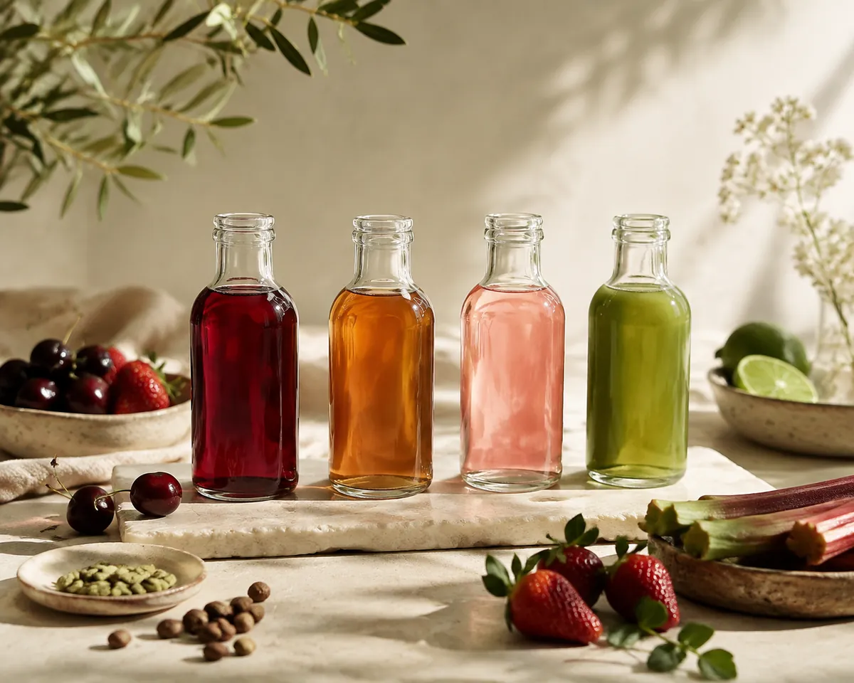 Four small bottles of coloured fruit syrup in a row, deep red through amber to pale pink and green, backlit so the colours read clearly